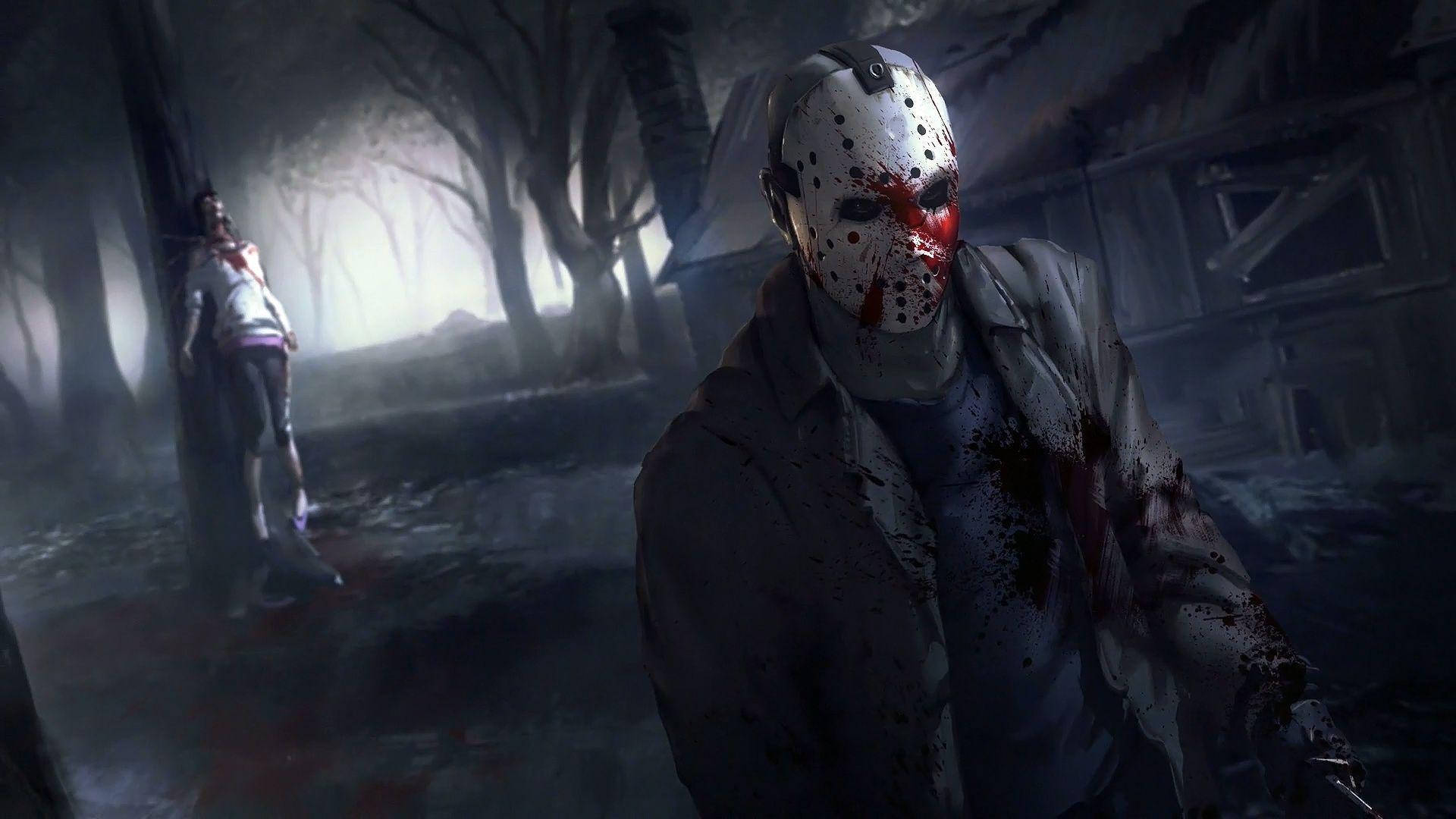 Jason Voorhees, bloodied hockey mask, misty forest, Full HD Desktop Wallpaper