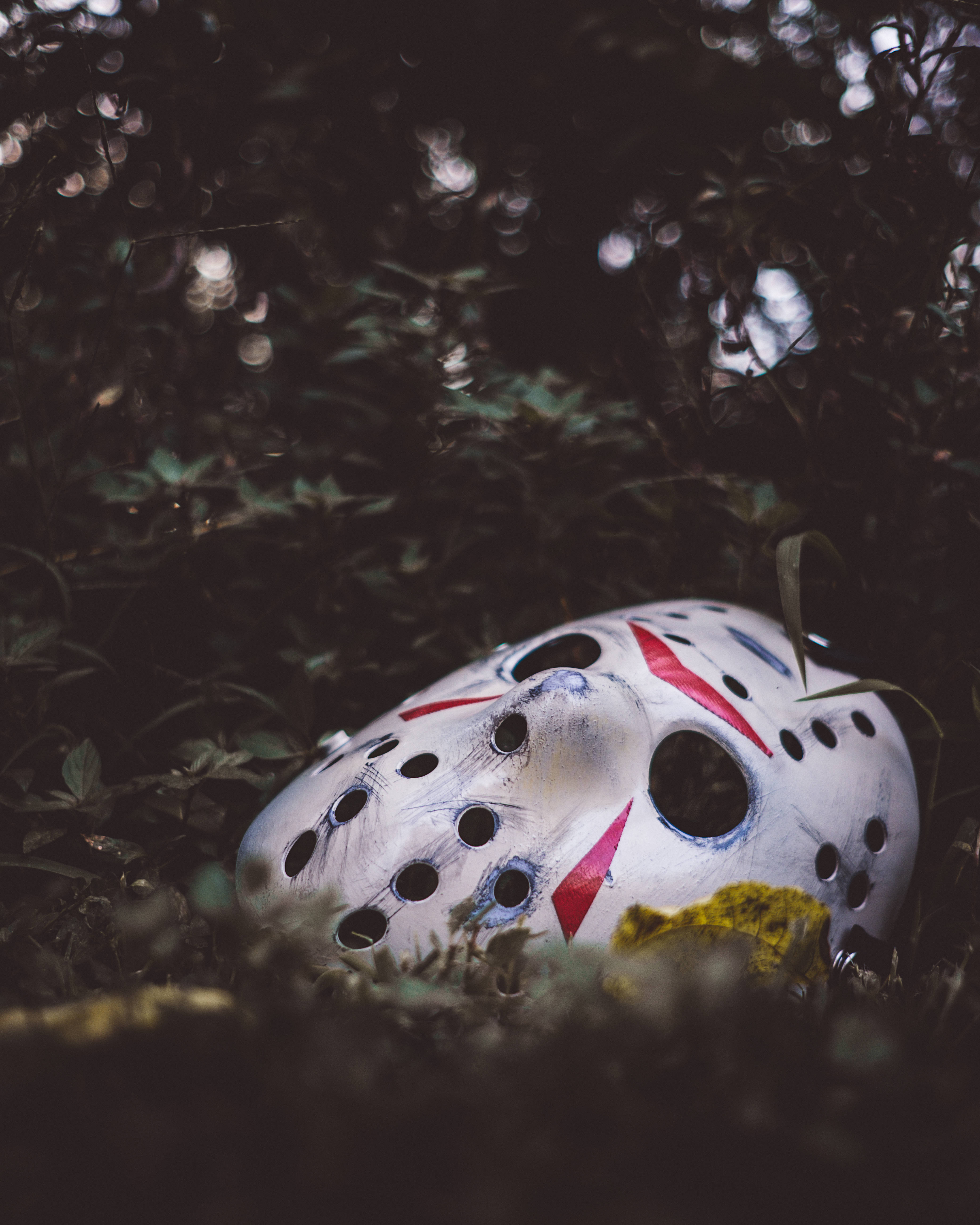 Jason Voorhees, damaged hockey mask, dark foliage, 5K Phone Wallpaper