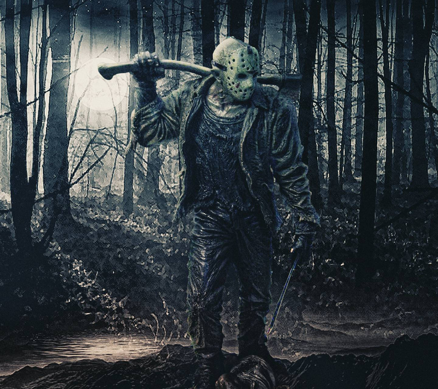 Jason Voorhees, axe, moonlit forest, HD Desktop Wallpaper