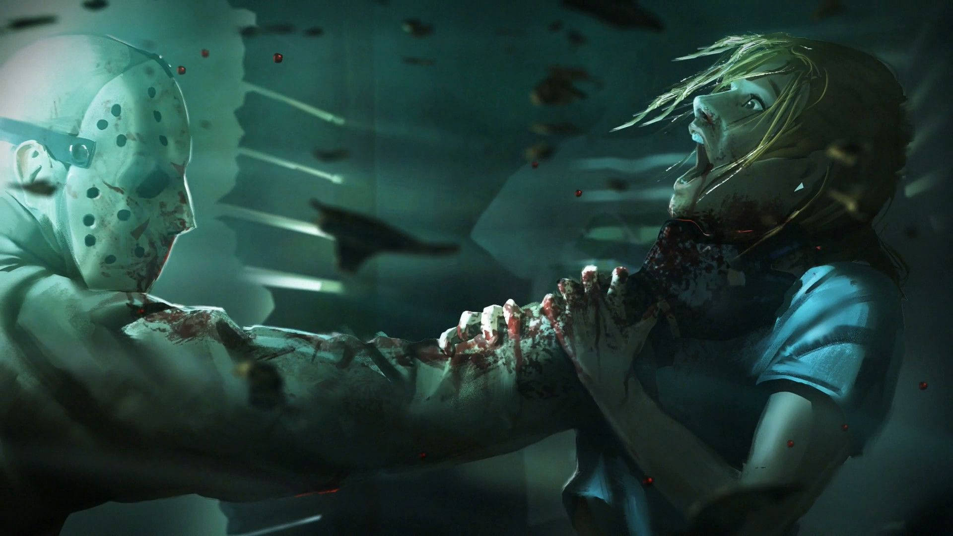 Jason Voorhees, masked killer, terrified woman, Full HD Desktop Wallpaper