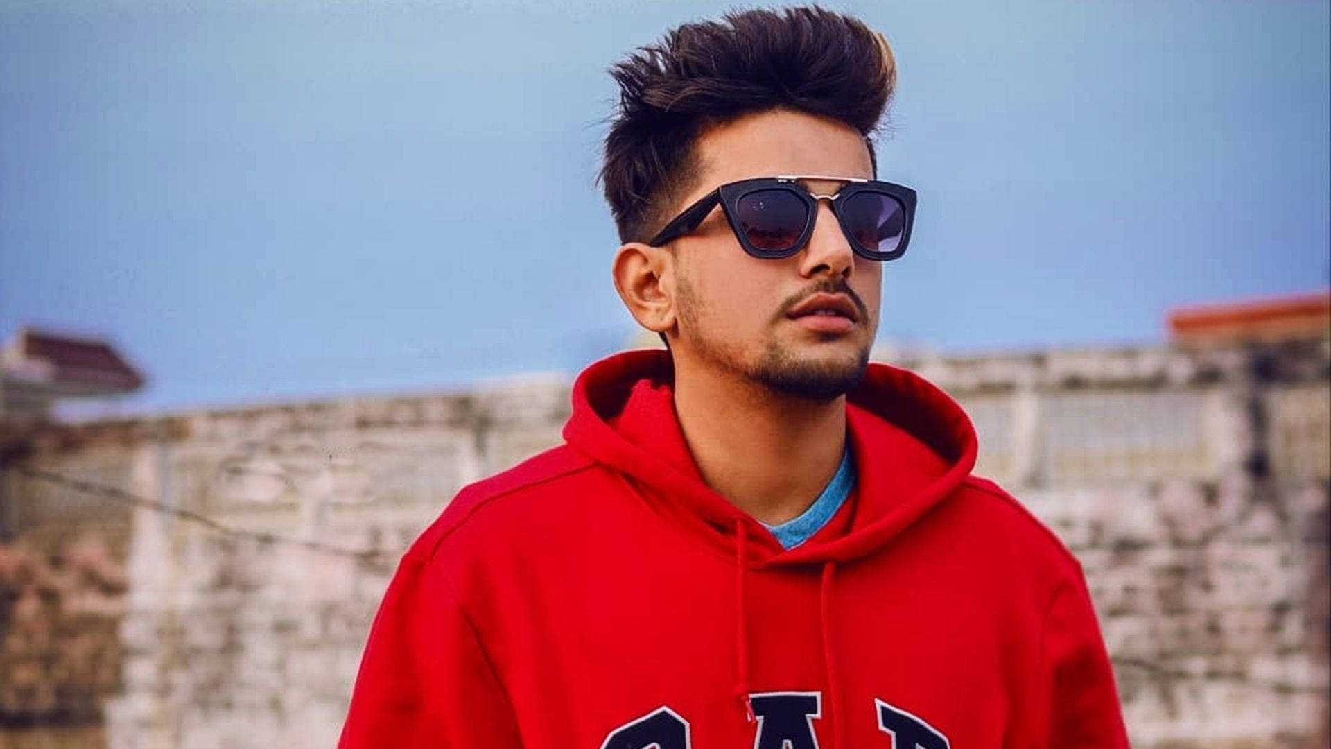 Jass Manak, red hoodie, sunglasses, Full HD Desktop Wallpaper