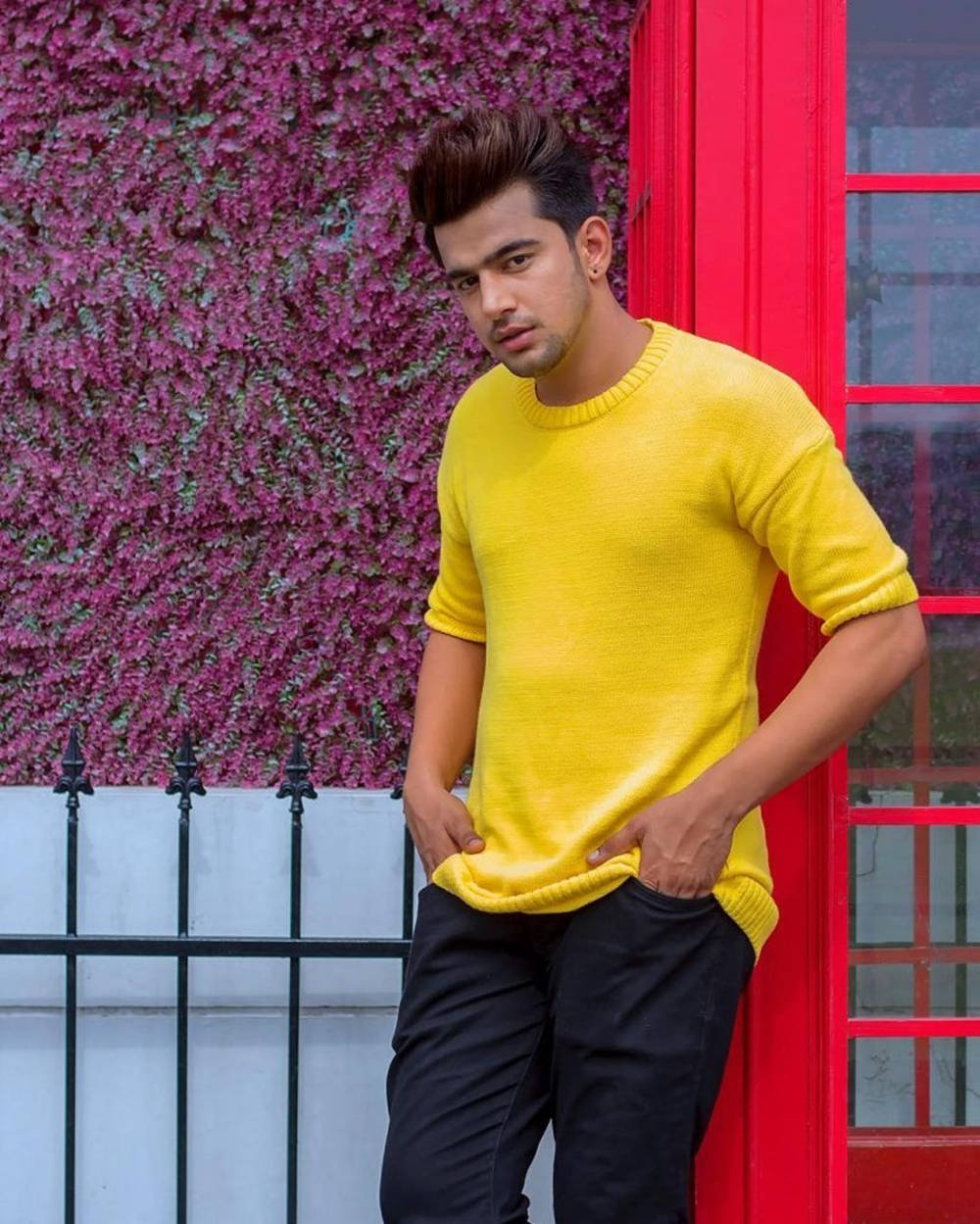 Jass Manak, bright yellow sweater, red telephone booth, SD Phone Wallpaper