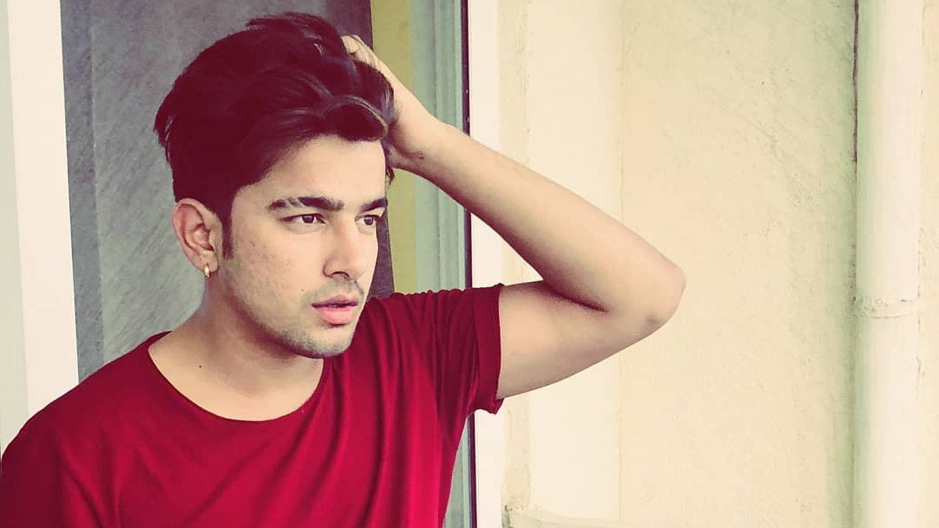 Jass Manak, red tshirt, dark hair, Full HD Desktop Wallpaper