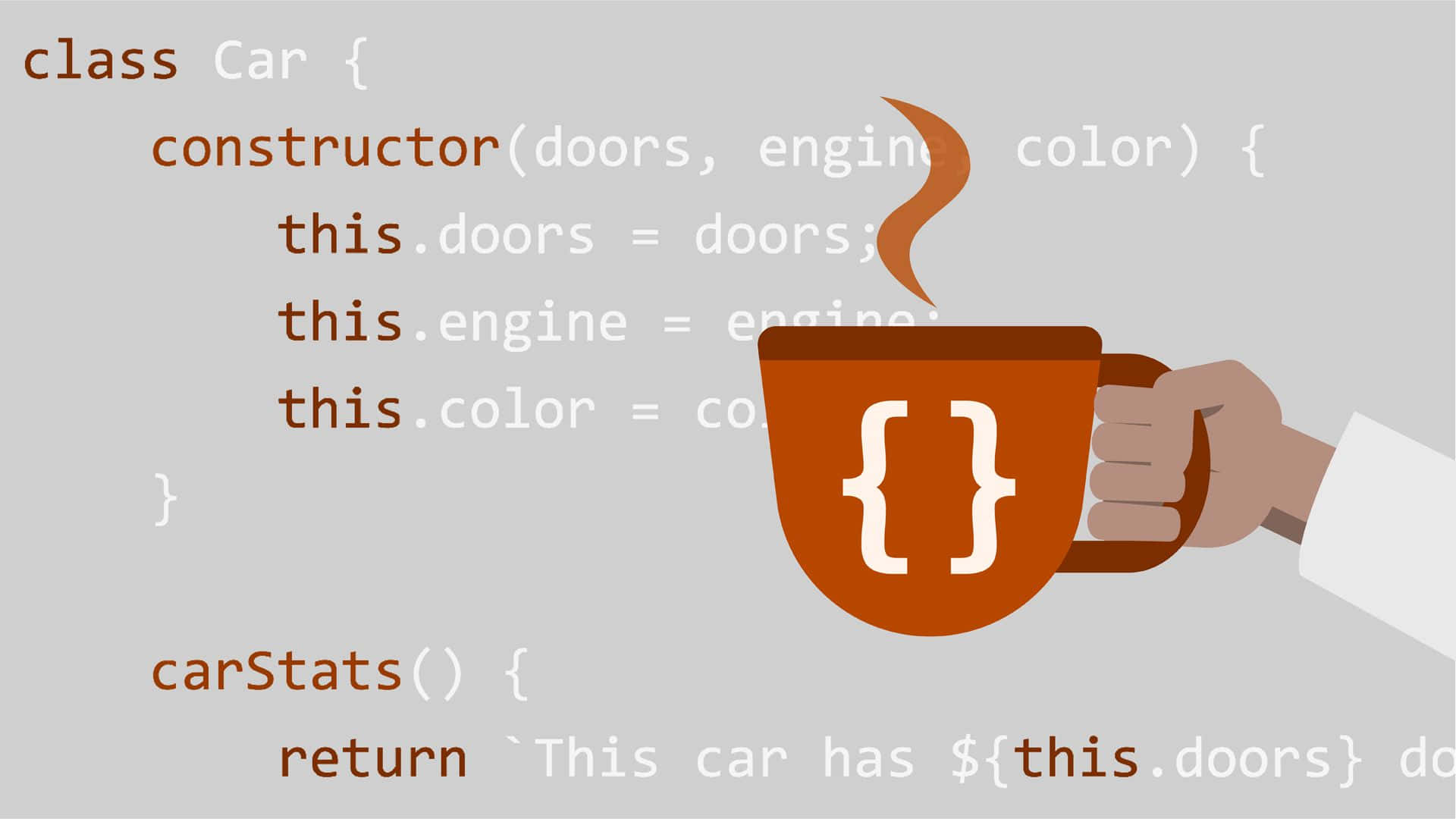JavaScript class syntax, curly braces, steaming brown mug, Full HD Desktop Wallpaper