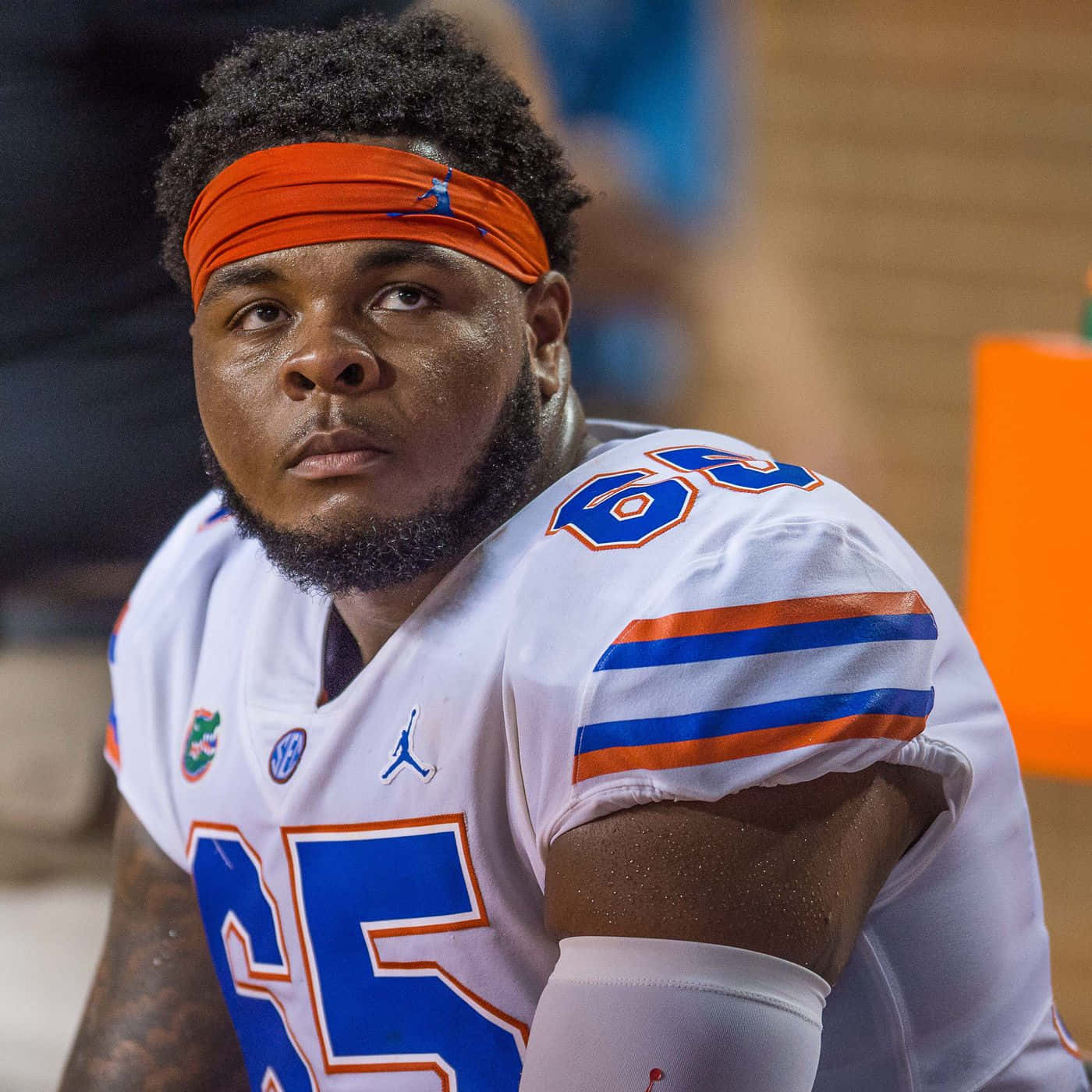 Jawaan Taylor, white jersey, blue and orange accents, HD Desktop Wallpaper