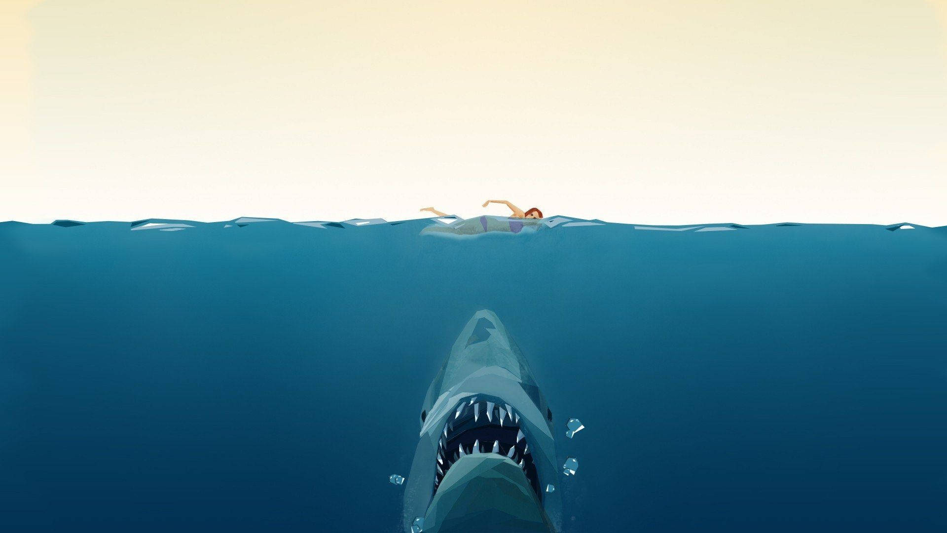 Jaws, swimmer, massive shark, Full HD Desktop Wallpaper