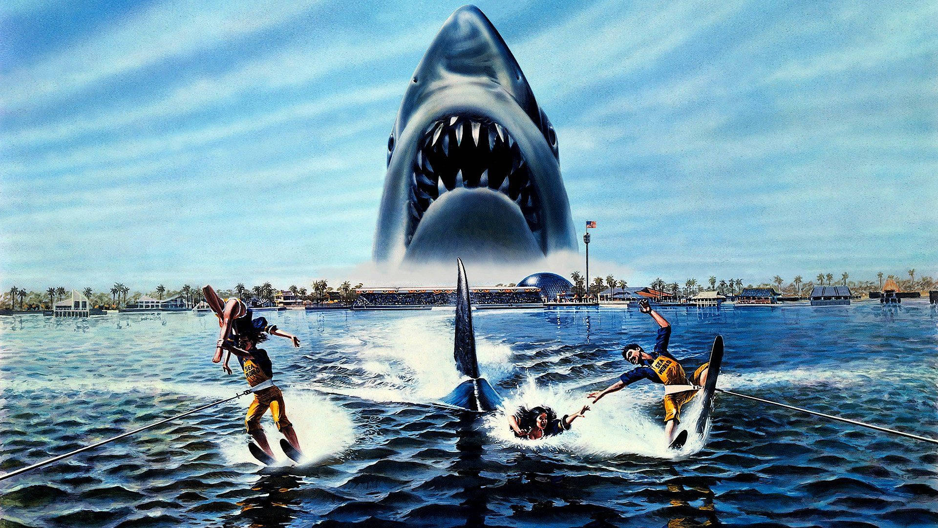 Jaws 3, giant shark, water skiers, Full HD Desktop Wallpaper