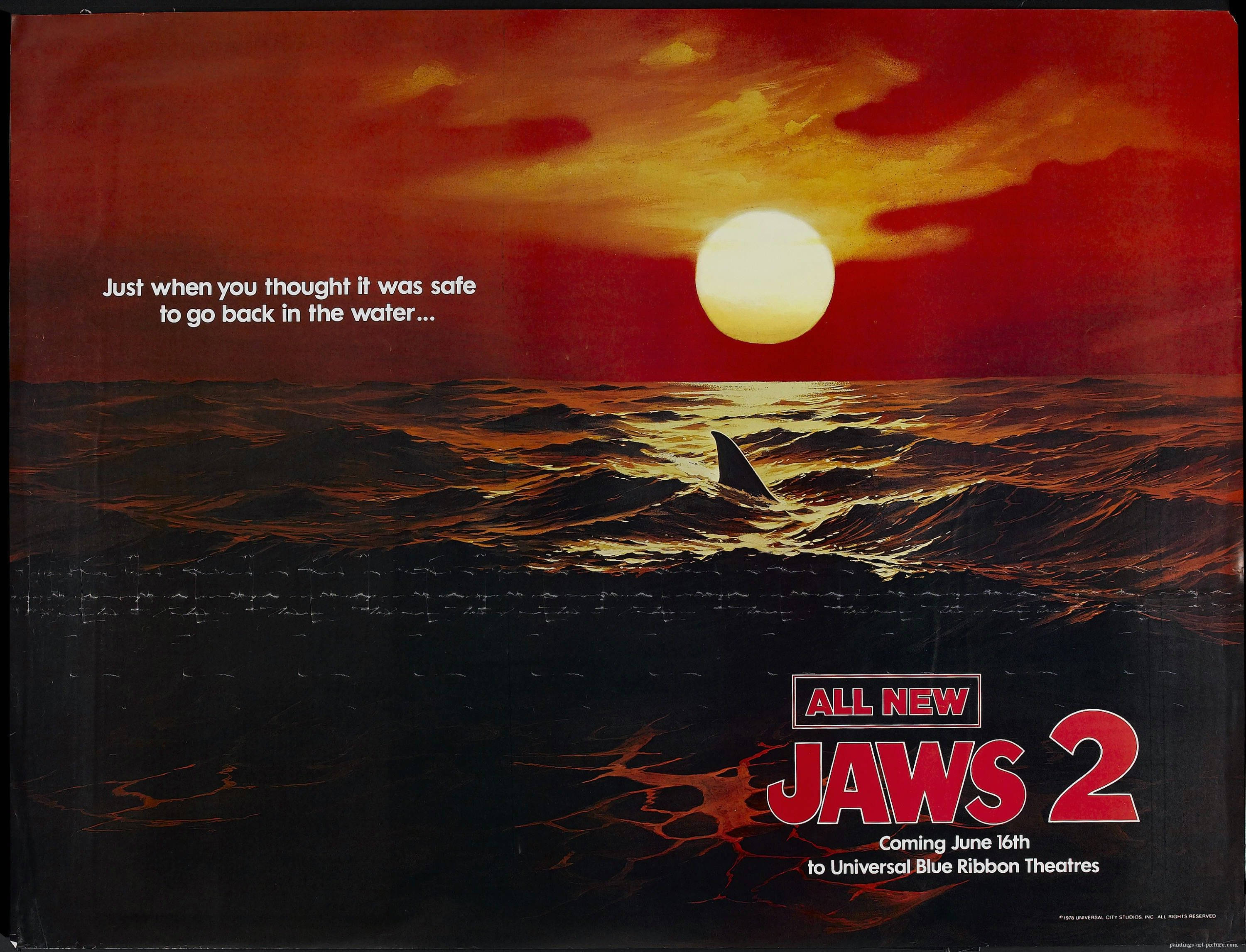 Jaws 2, fiery red sunset, shark fin, 2K Desktop Wallpaper