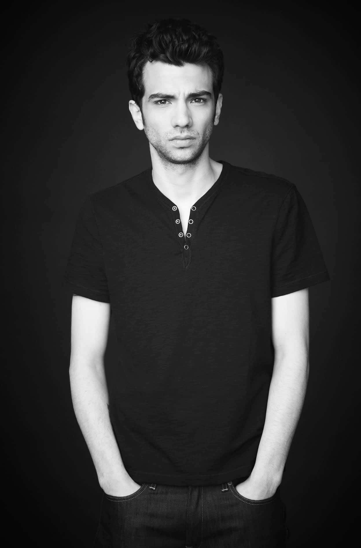 Jay Baruchel, black and white portrait, dark henley shirt, HD Phone Wallpaper