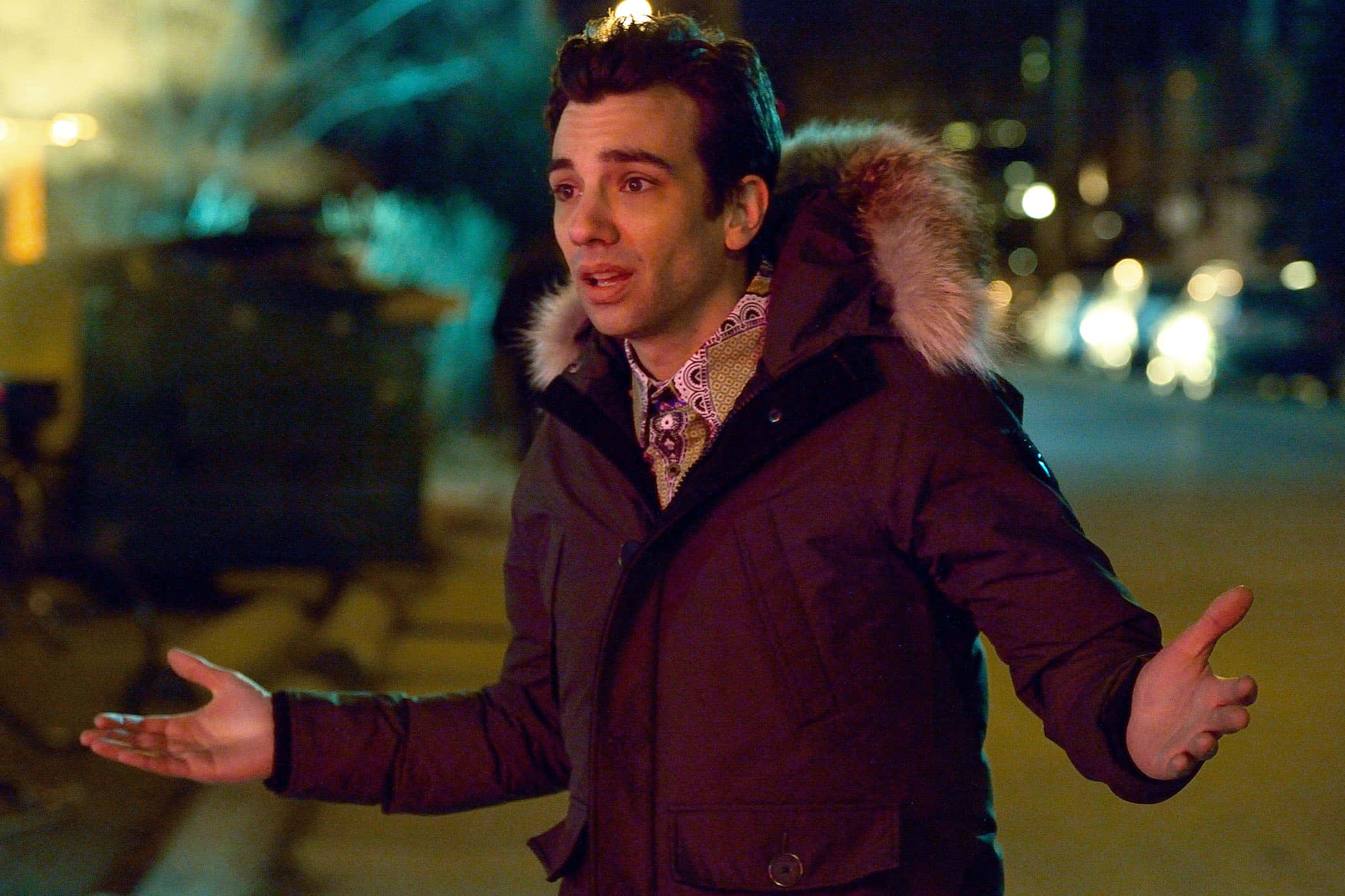 Jay Baruchel, dark winter coat, fur-lined hood, Full HD Desktop Wallpaper