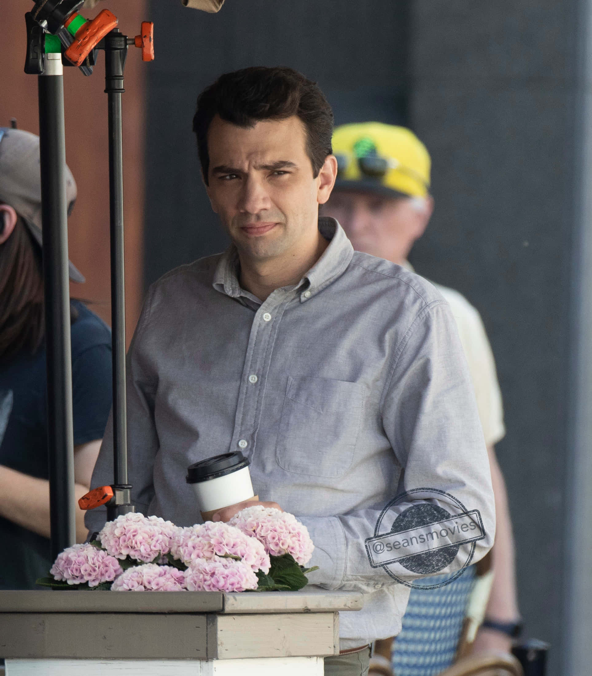 Jay Baruchel, gray button-down shirt, coffee cup, Full HD Phone Wallpaper