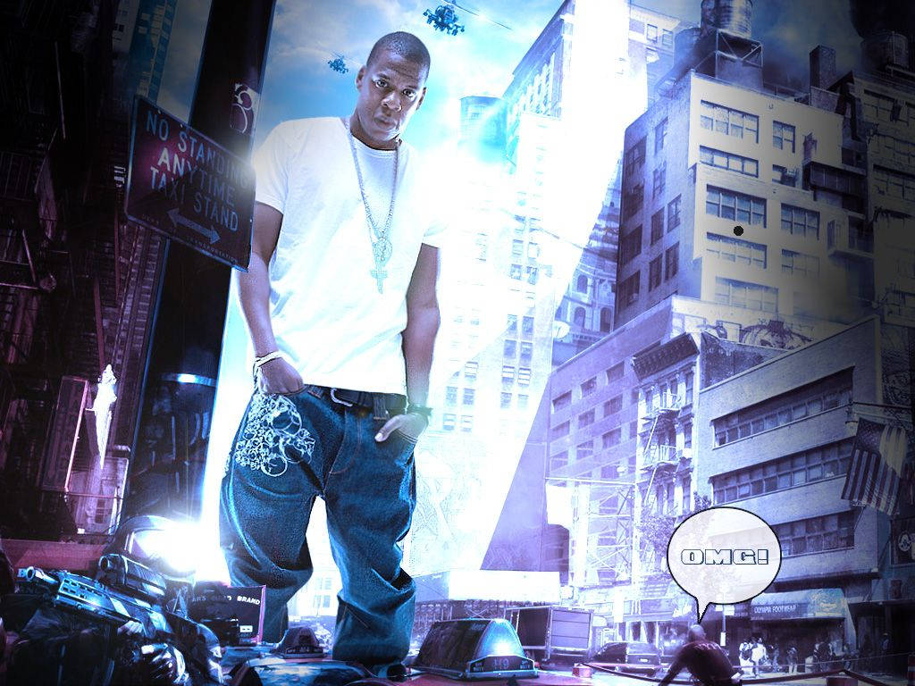 Jay-Z, neon-lit urban street, glowing blue light, SD Desktop Wallpaper