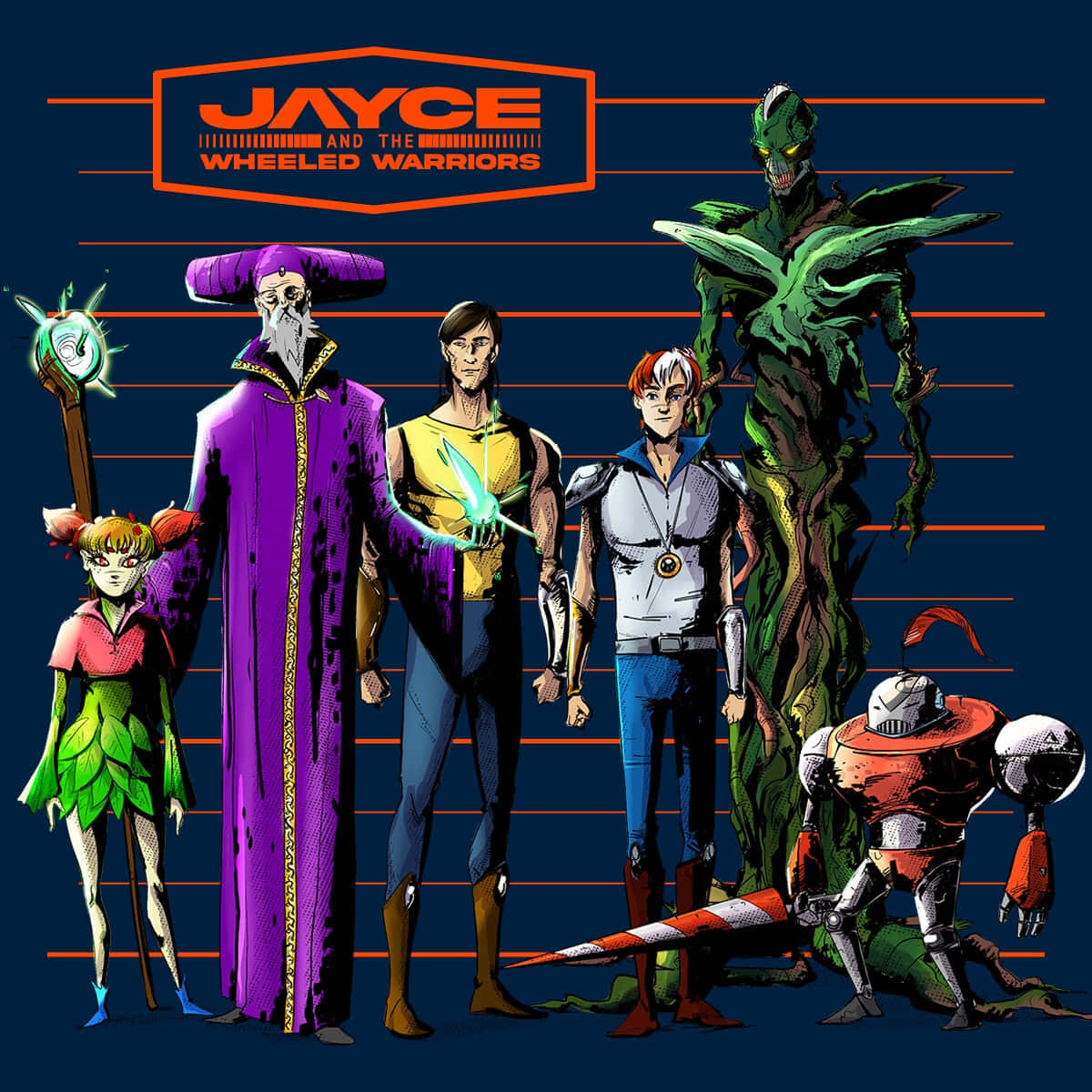 Jayce And The Wheeled Warriors, dark blue background, orange horizontal lines, SD Desktop Wallpaper