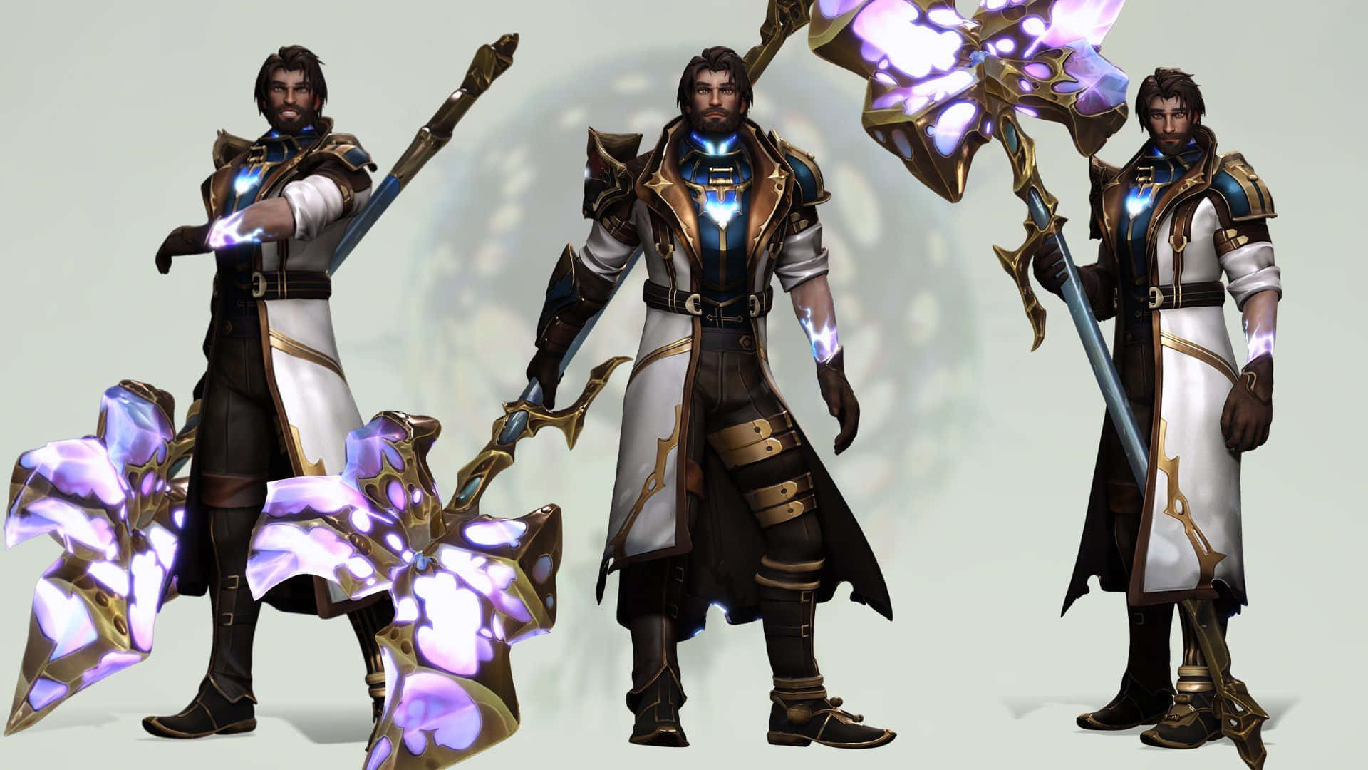 Jayce Arcane, white gold and black gear, glowing purple crystalline weapons, Full HD Desktop Wallpaper