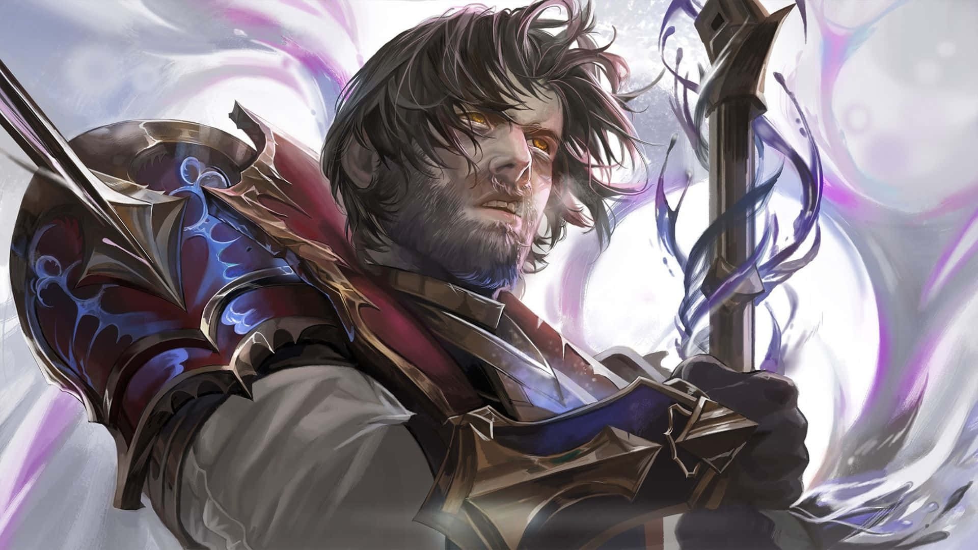 Jayce Arcane, glowing amber eyes, sword and shield, Full HD Desktop Wallpaper