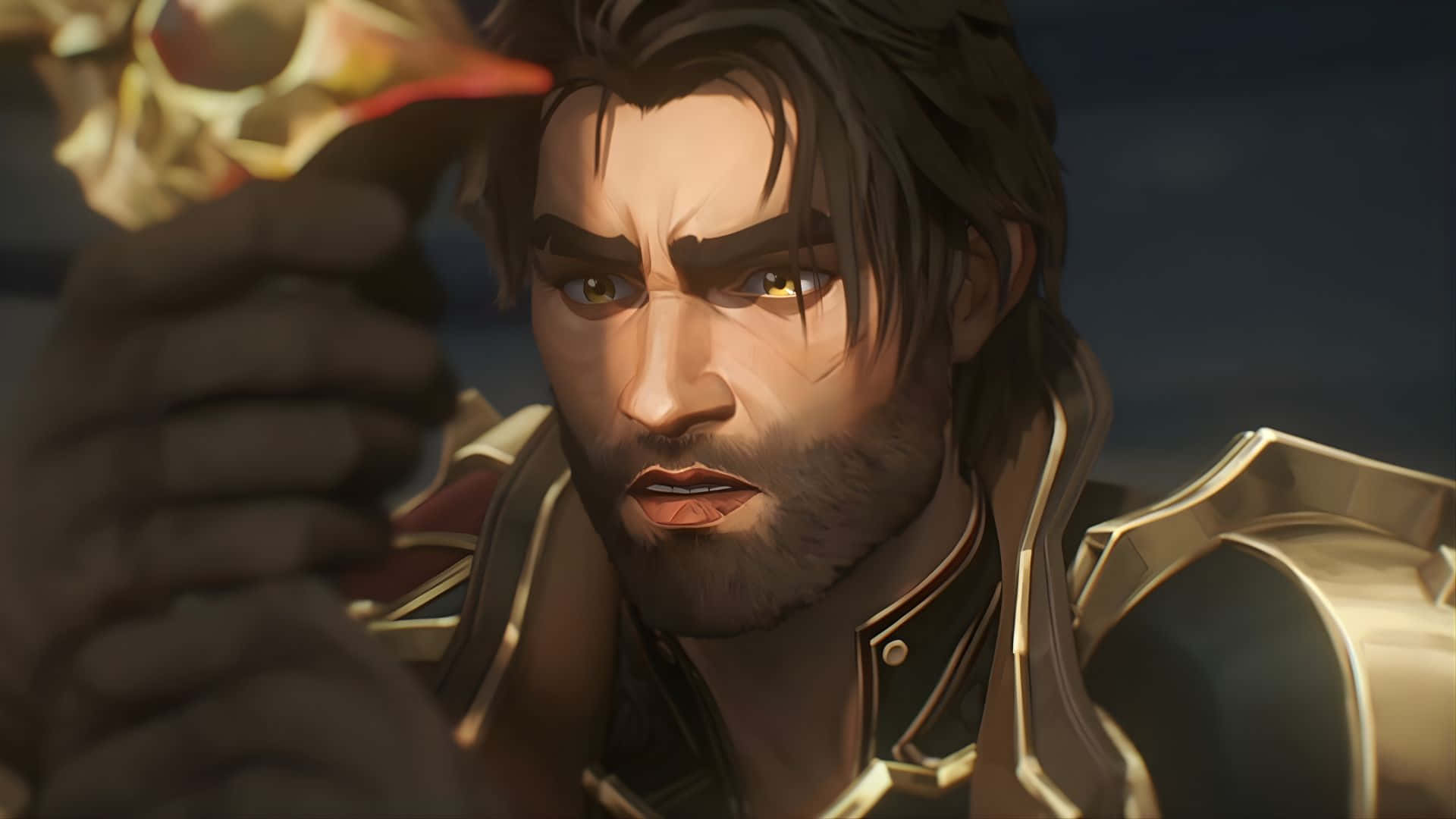Jayce Arcane, golden armor, glowing skull, Full HD Desktop Wallpaper