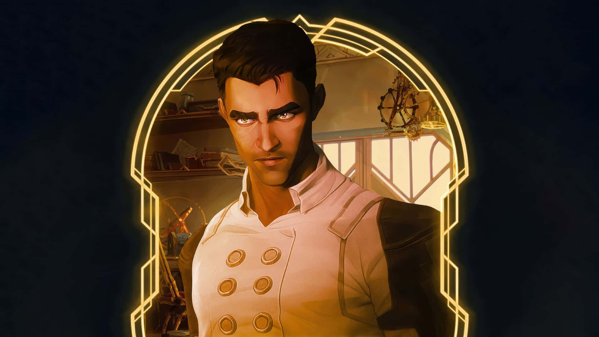 Jayce Arcane, white double-breasted coat, glowing golden archway, Full HD Desktop Wallpaper