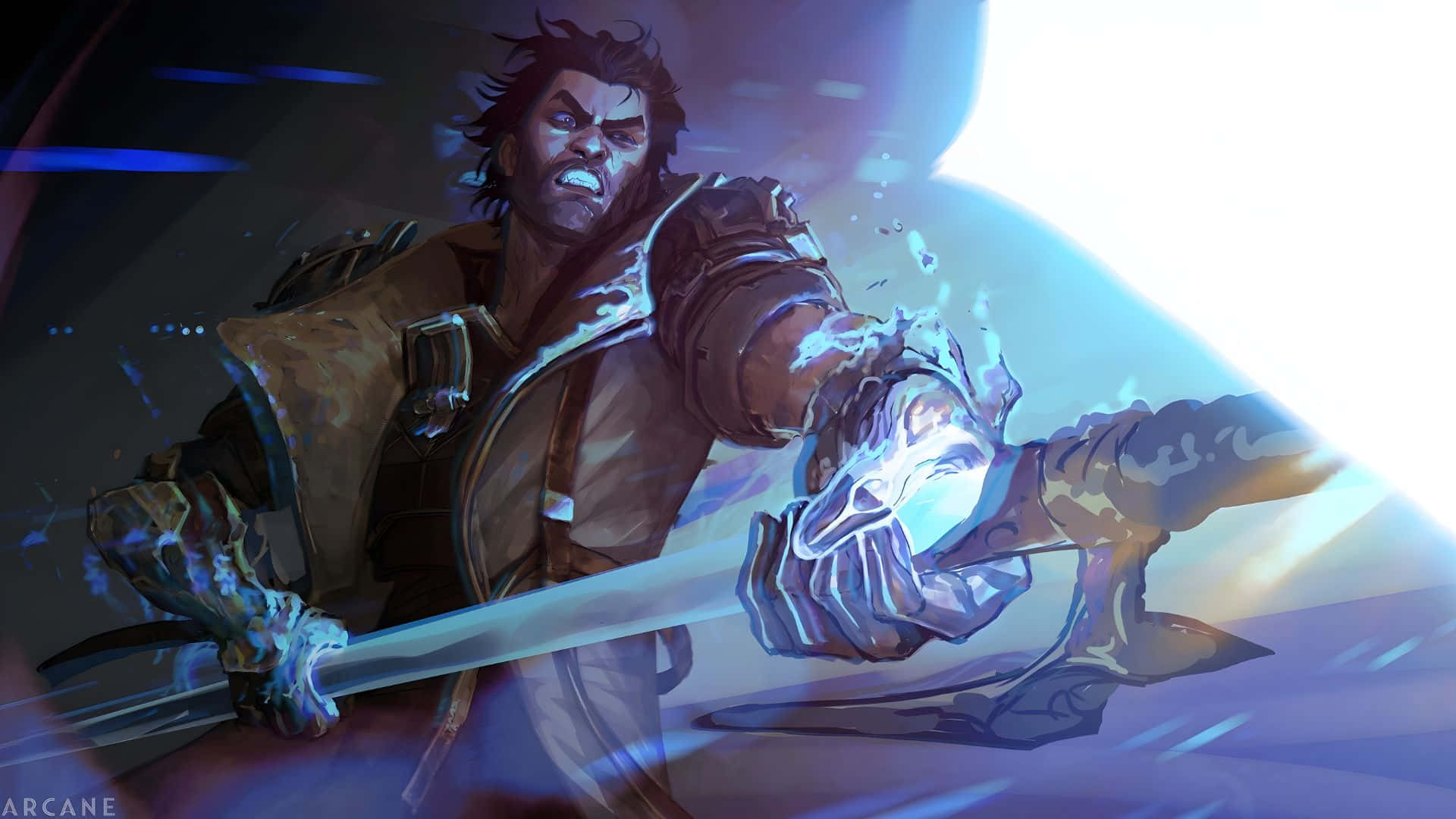 Jayce Arcane, glowing sword, blue energy, Full HD Desktop Wallpaper
