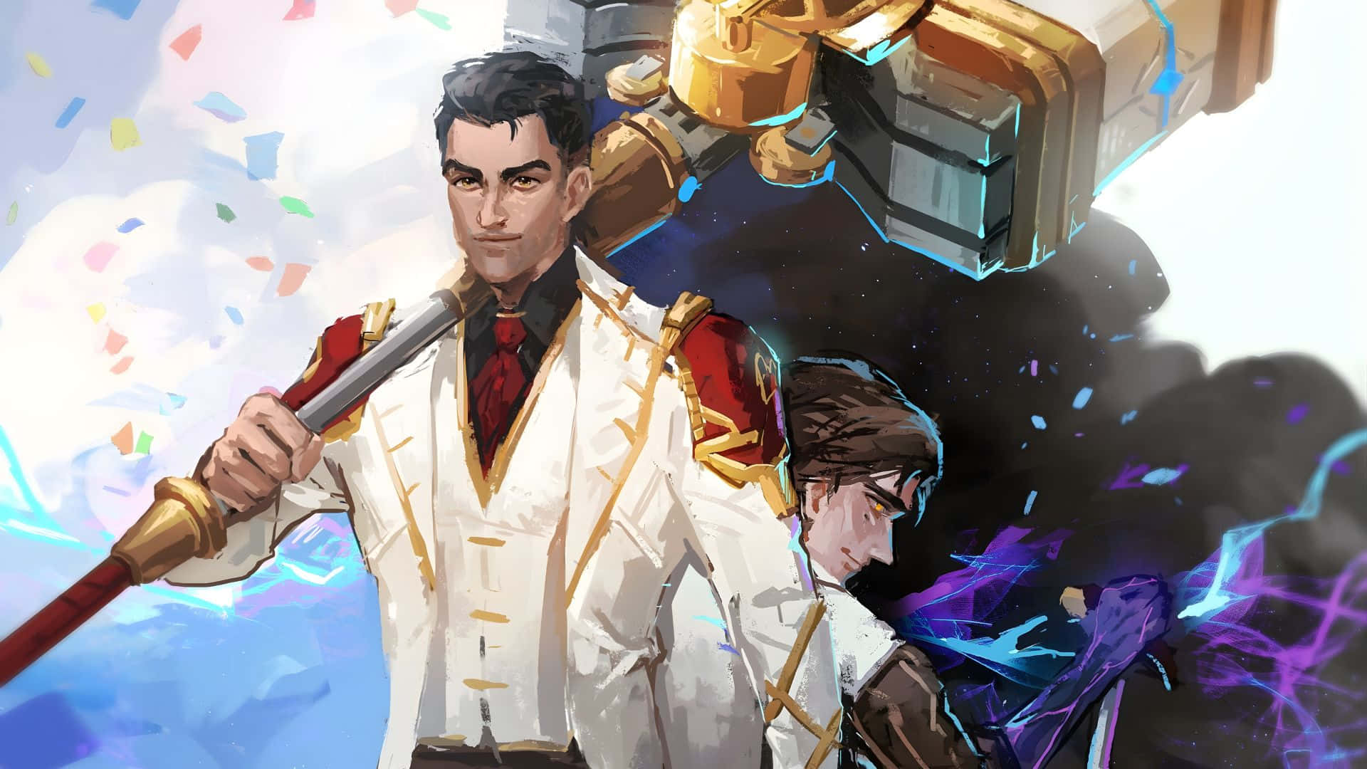 Jayce Arcane, white and gold uniform, staff, Full HD Desktop Wallpaper