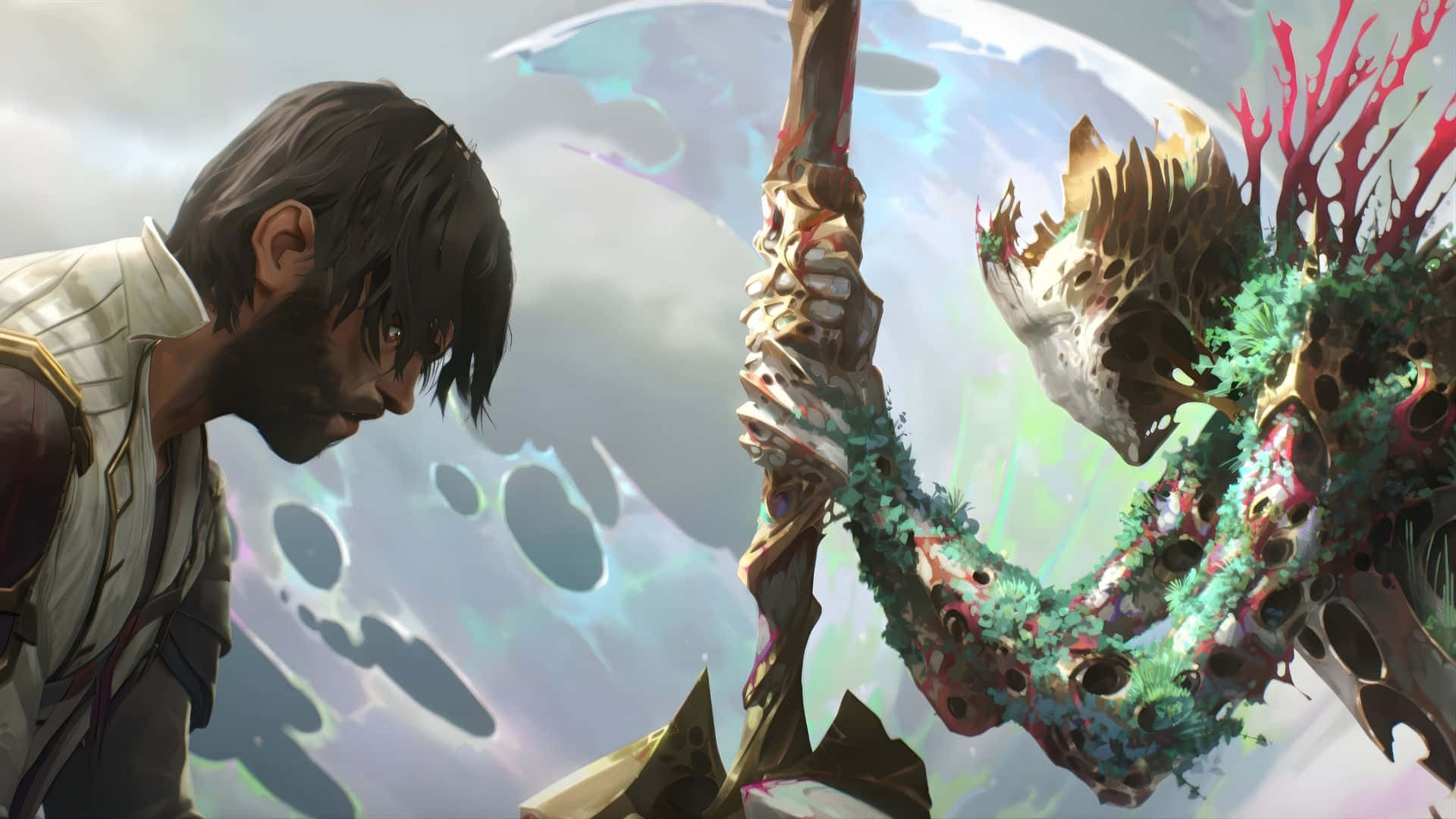 Jayce Arcane, white armor, coral-covered skeletal creature, Full HD Desktop Wallpaper