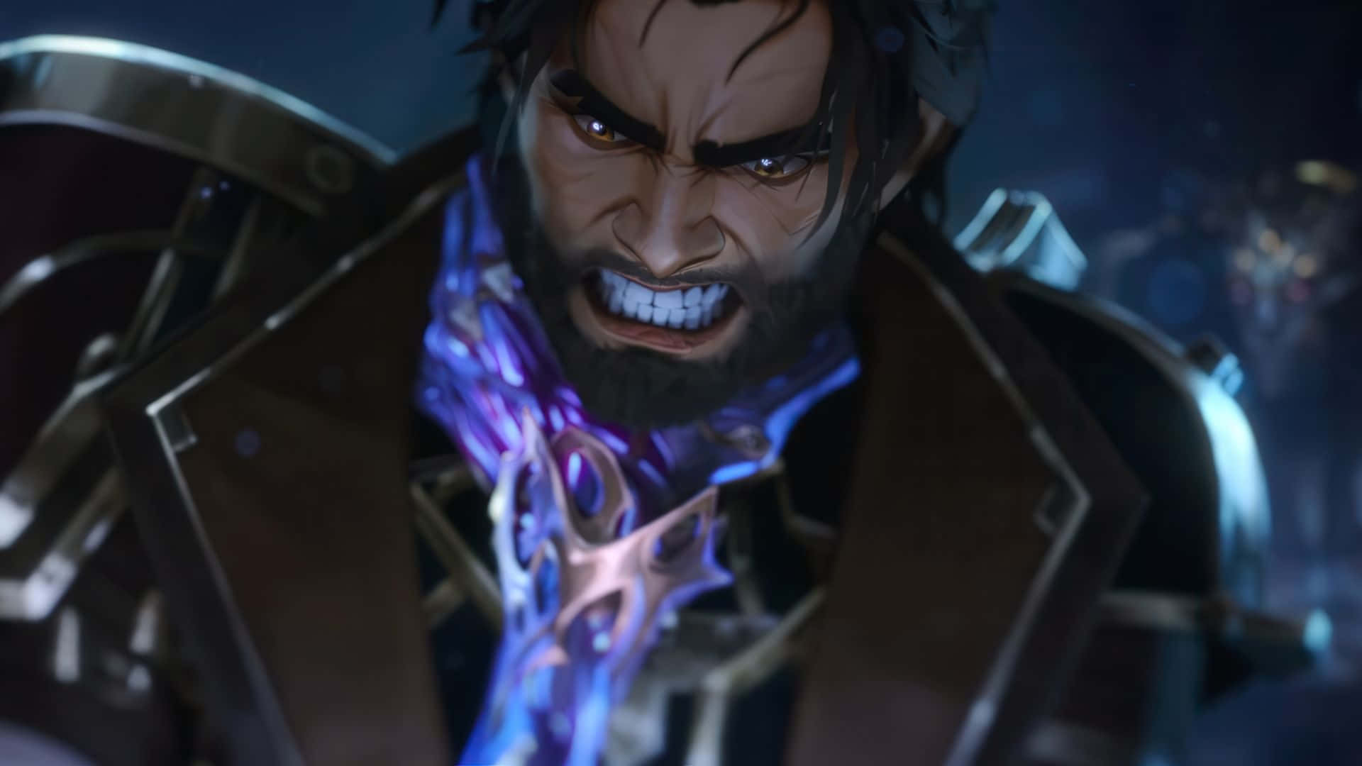 Jayce Arcane, glowing purple energy, dark armor, Full HD Desktop Wallpaper