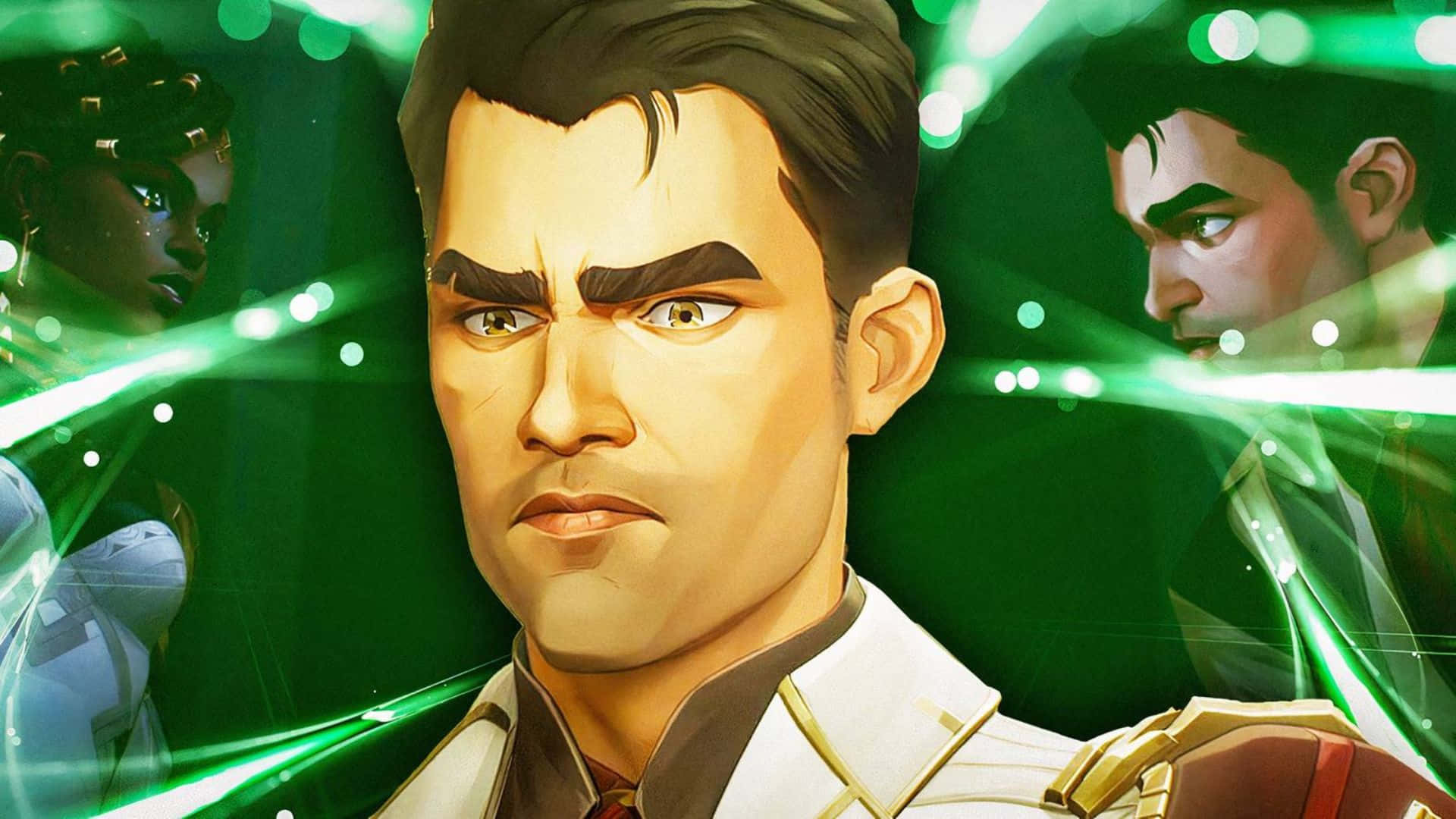 Jayce Arcane, white uniform, glowing green energy streaks, Full HD Desktop Wallpaper