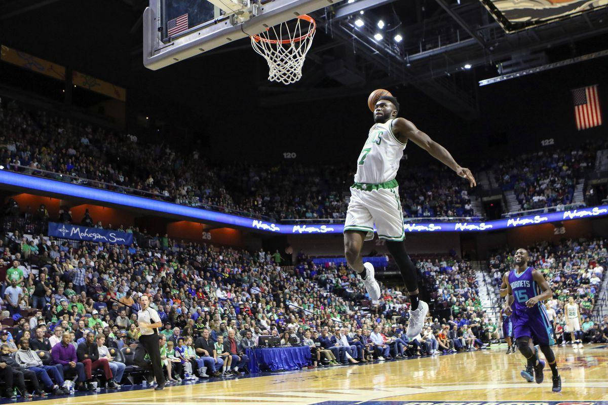 Jaylen Brown, basketball dunk, white jersey, SD Desktop Wallpaper