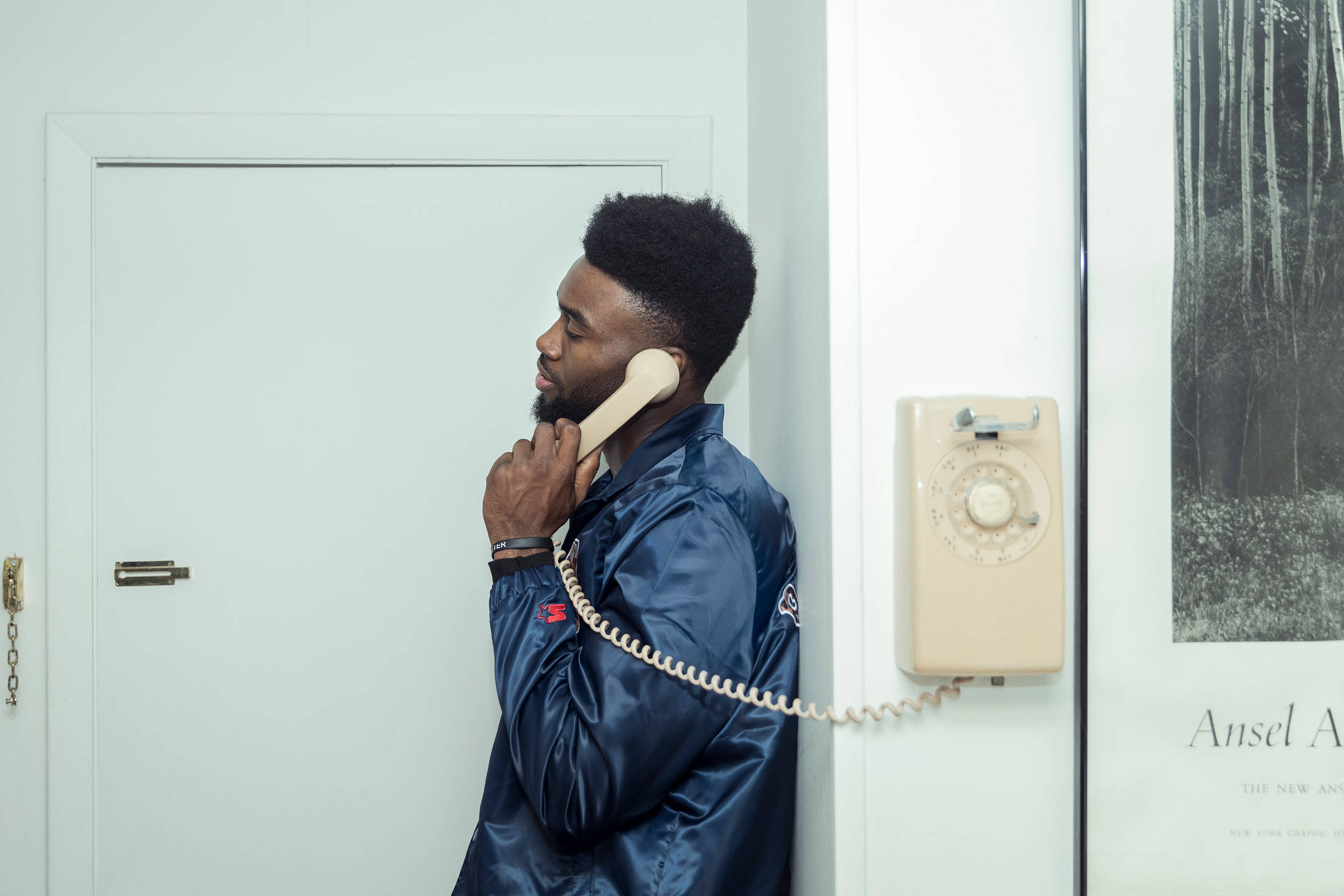 Jaylen Brown, blue satin jacket, vintage cream rotary phone, Full HD Desktop Wallpaper