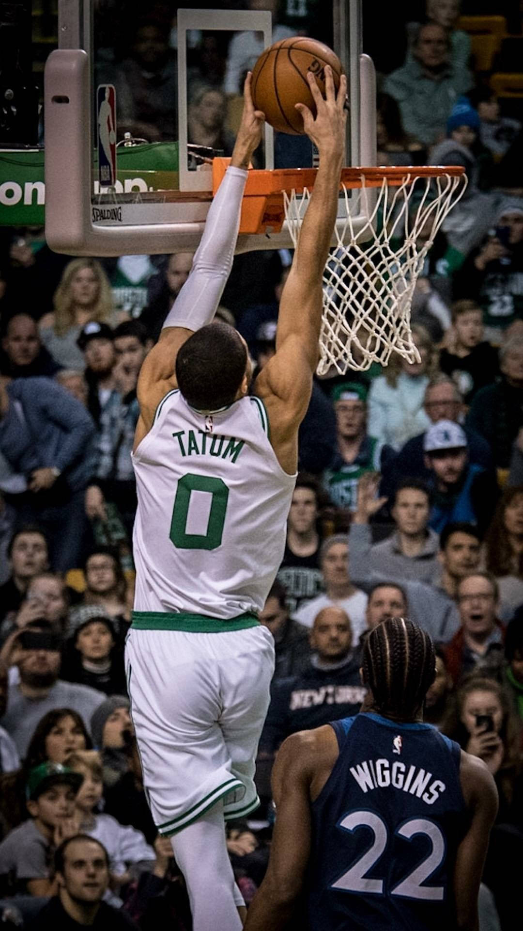 Jayson Tatum, mid air dunk, white jersey, Full HD Phone Wallpaper