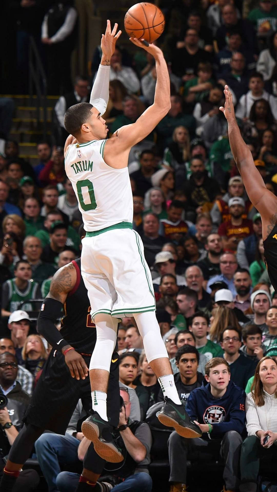 Jayson Tatum, white jersey, leaps high to shoot, Full HD Phone Wallpaper