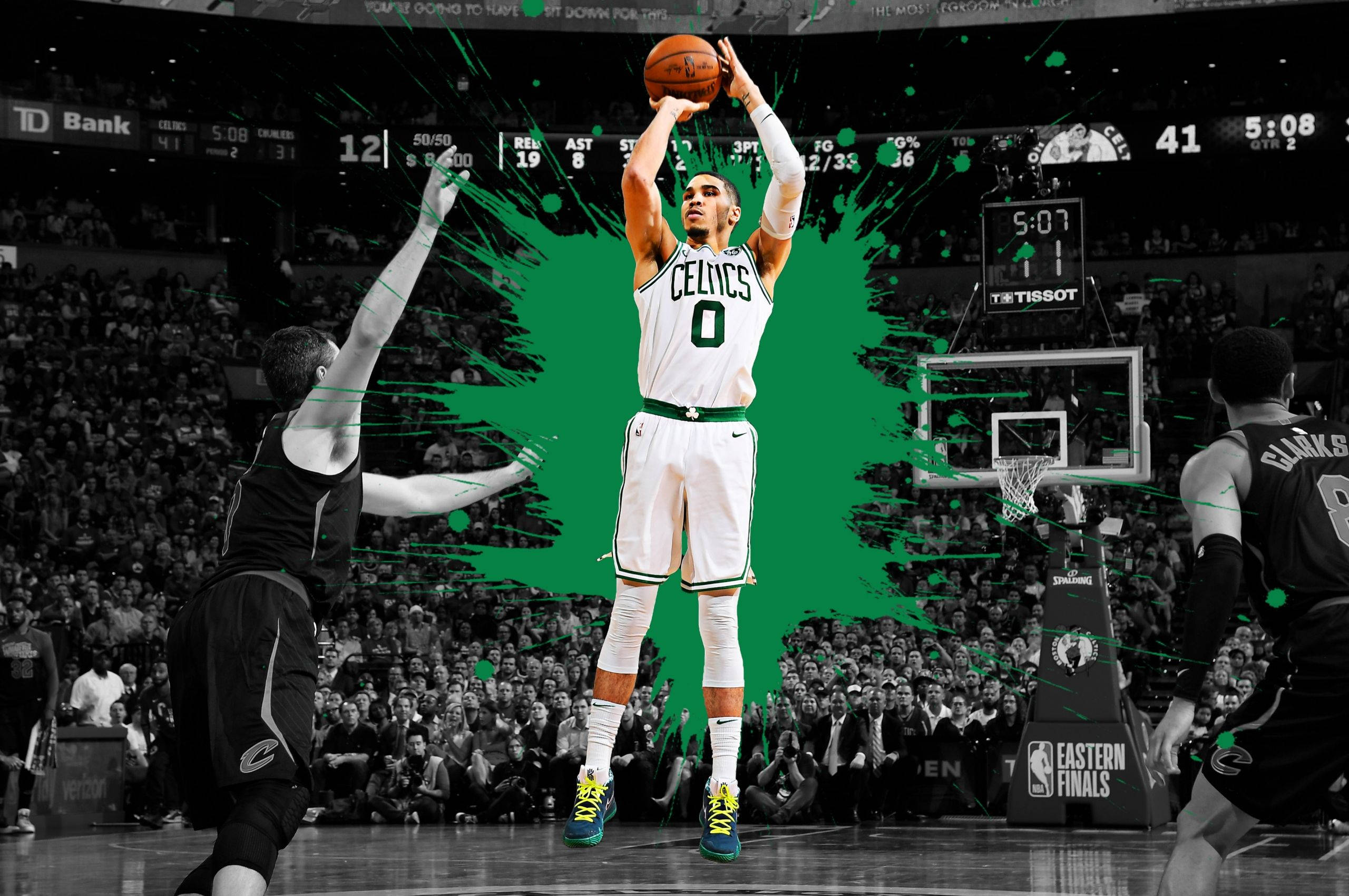 Jayson Tatum, white Celtics jersey, shooting position, 2K Desktop Wallpaper