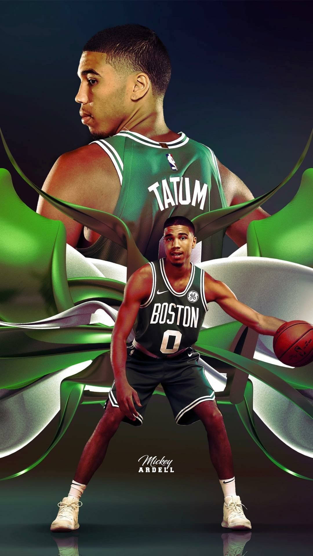 Jayson Tatum, green cloth-like, swirling green and silver abstract motion effects, Full HD Phone Wallpaper
