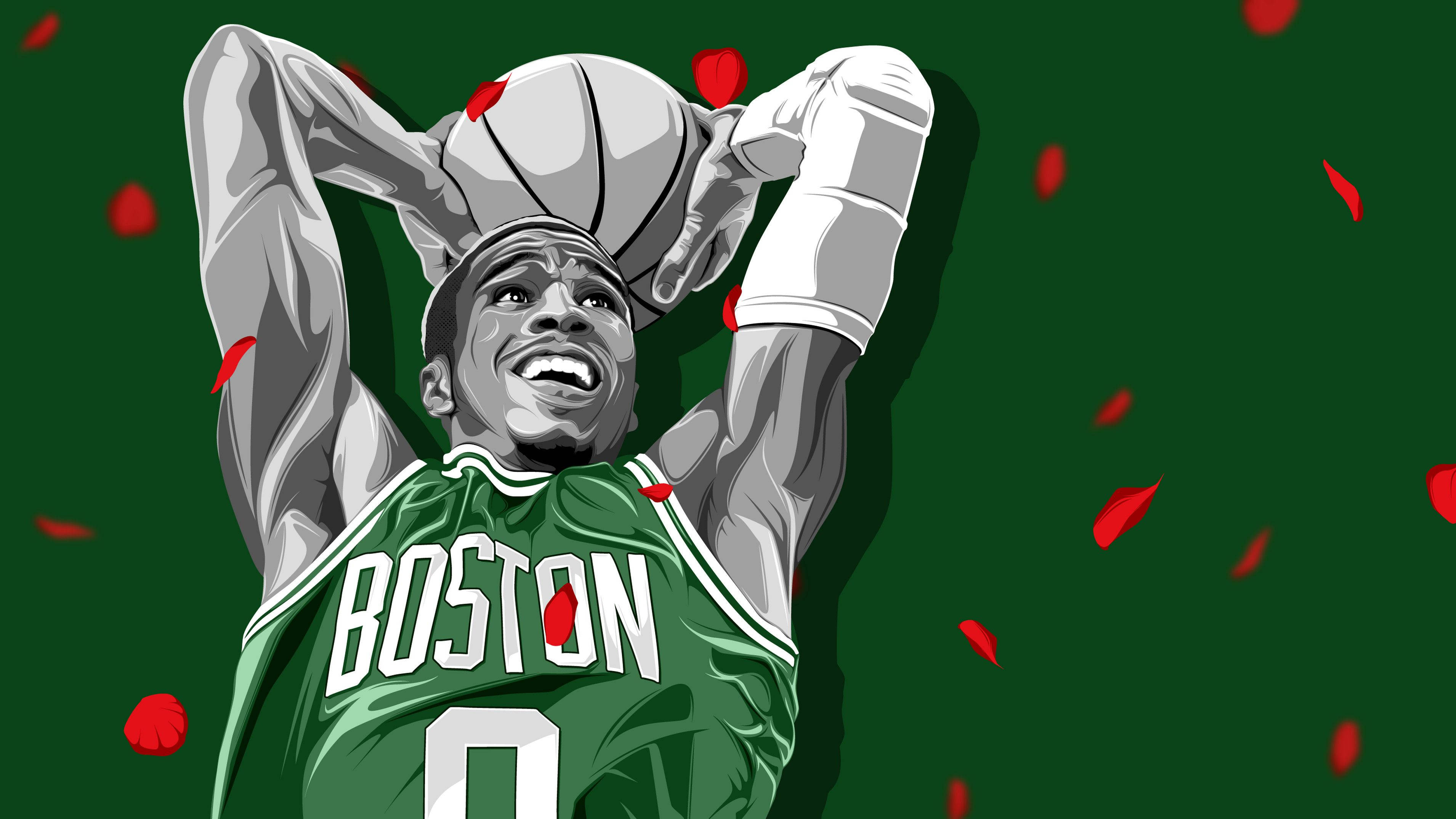 Jayson Tatum, green Boston jersey, red petals, 2K Desktop Wallpaper