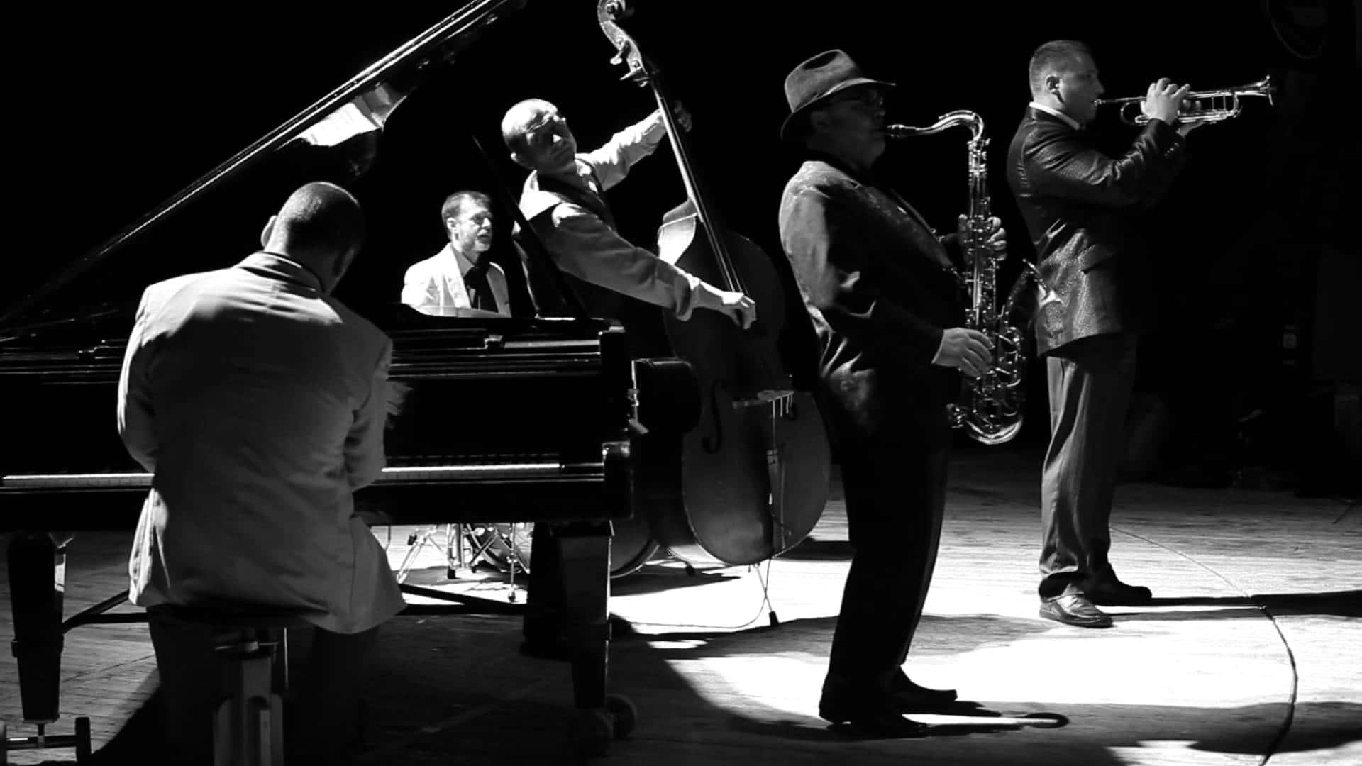 jazz band, black and white photo, performing on stage, Full HD Desktop Wallpaper