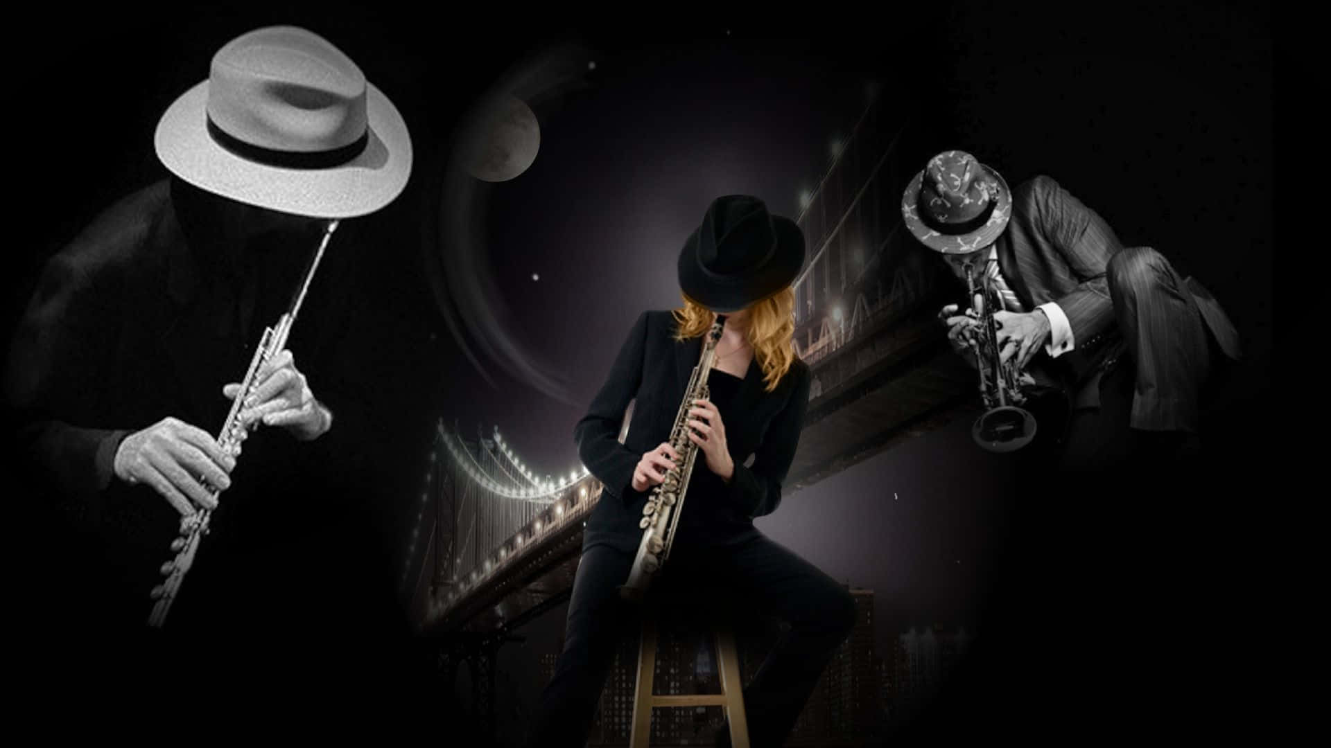 jazz band, fedora, flute, Full HD Desktop Wallpaper