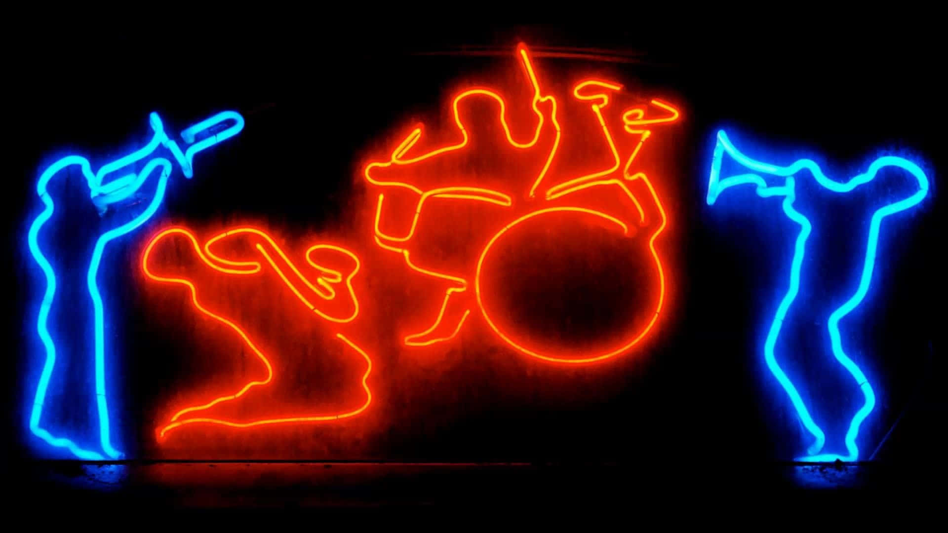 vibrant jazz band, neon outlines, dark background, Full HD Desktop Wallpaper