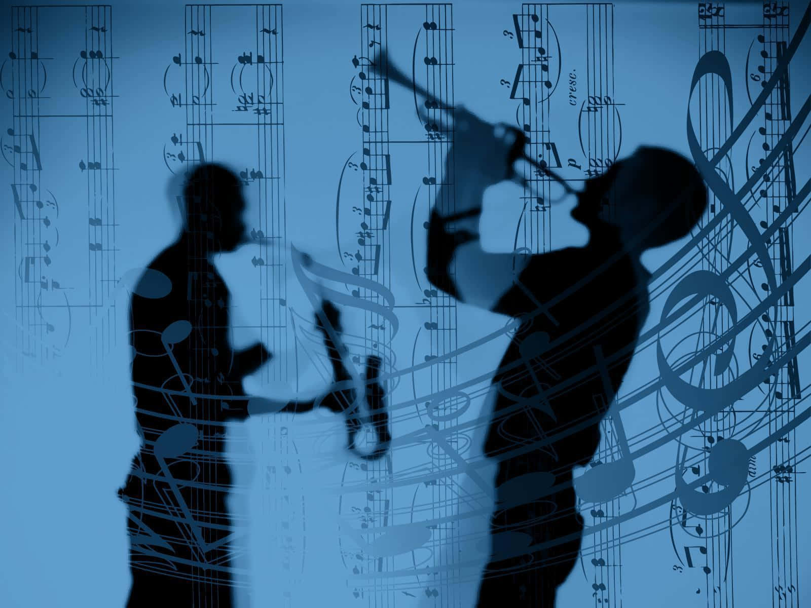 silhouetted musicians, brass instruments, blue background, HD Desktop Wallpaper