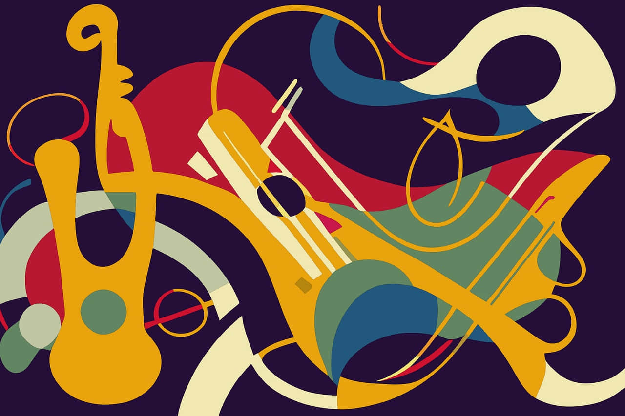 golden saxophones, trumpets, deep purple background, HD Desktop Wallpaper