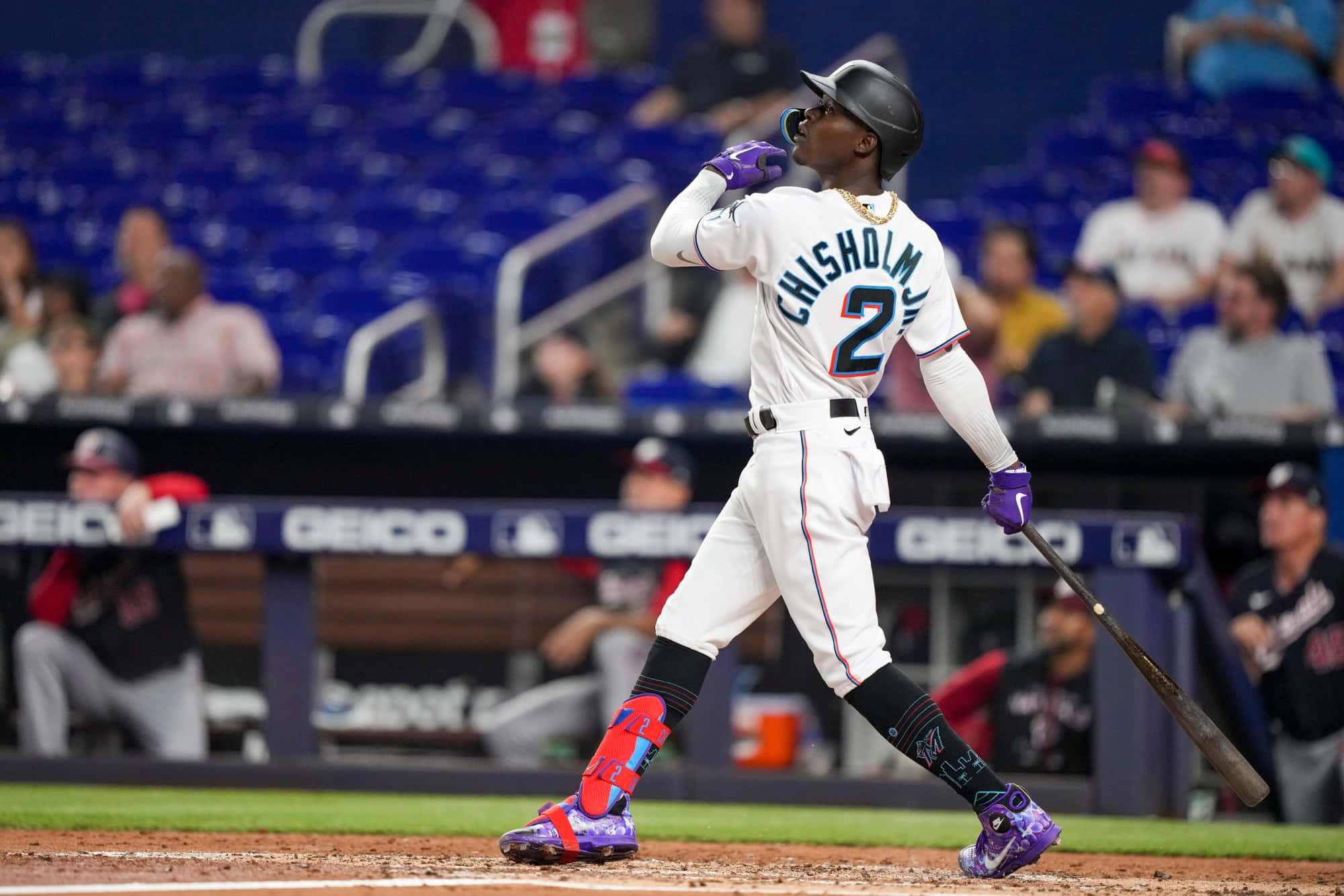 Jazz Chisholm Jr, white uniform, purple gloves, Full HD Desktop Wallpaper