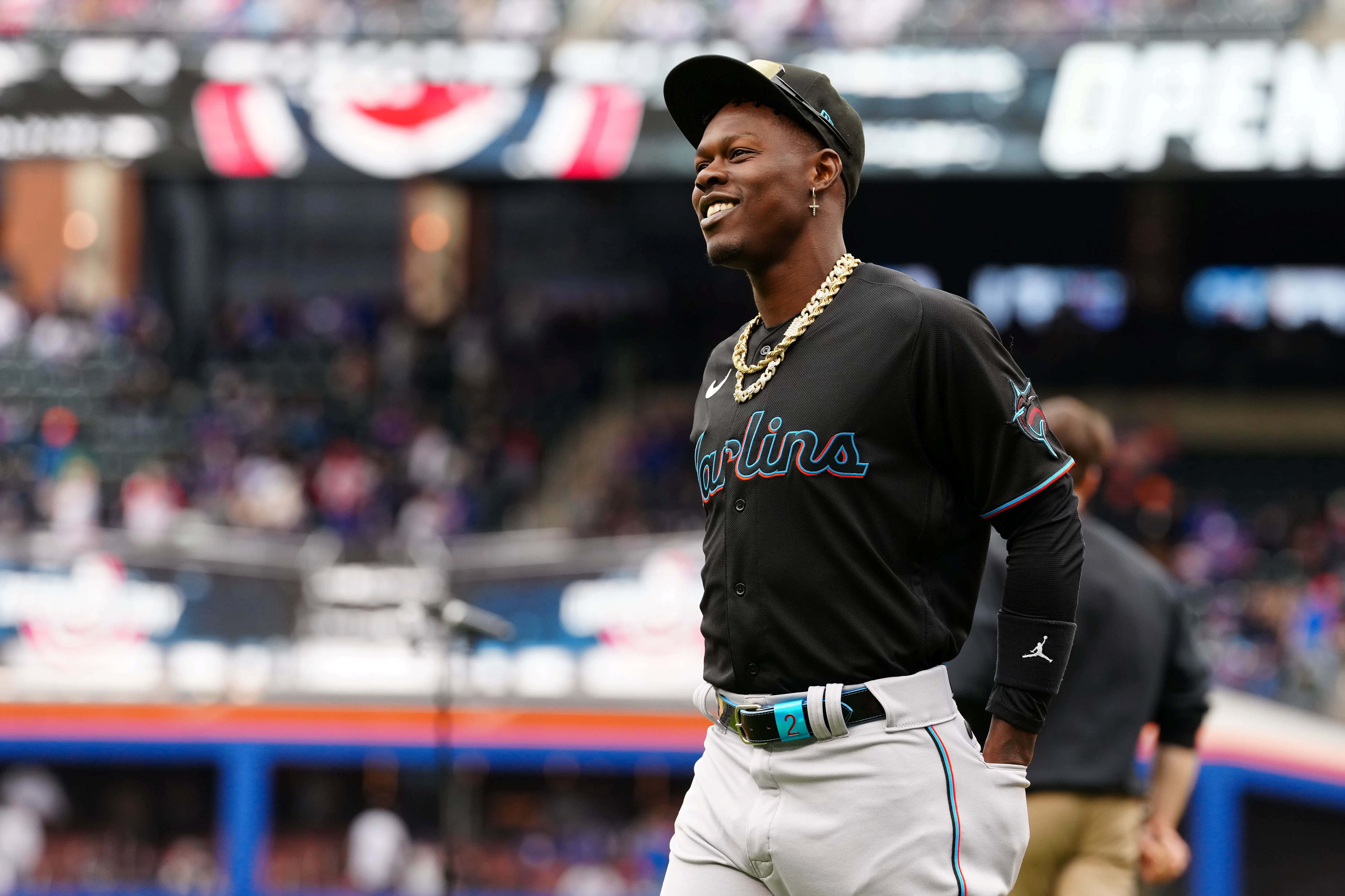 Jazz Chisholm Jr, black Marlins jersey, sunlit field, 5K Desktop Wallpaper