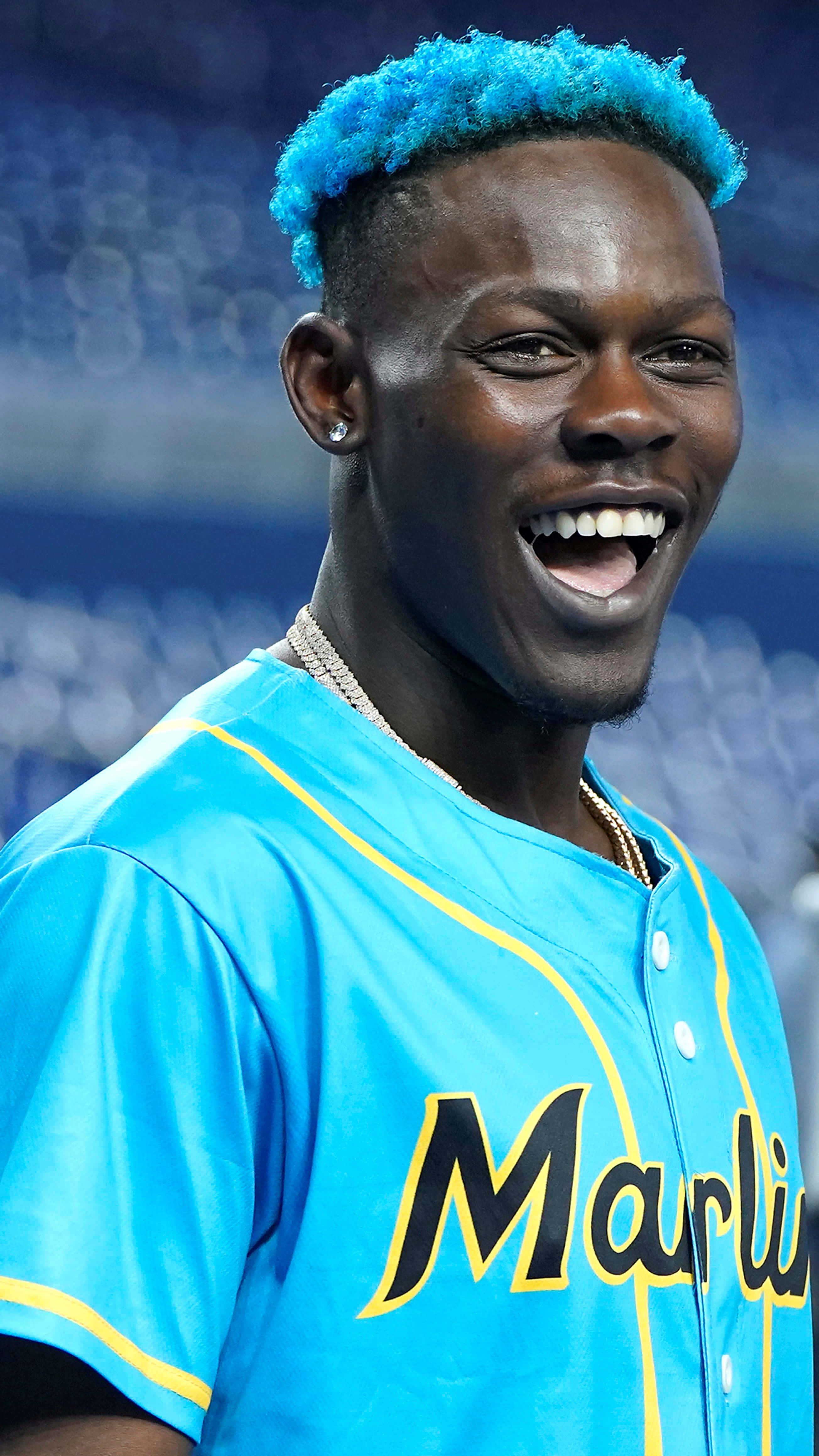 Jazz Chisholm Jr, blue hair, wide joyful smile, 4K Phone Wallpaper