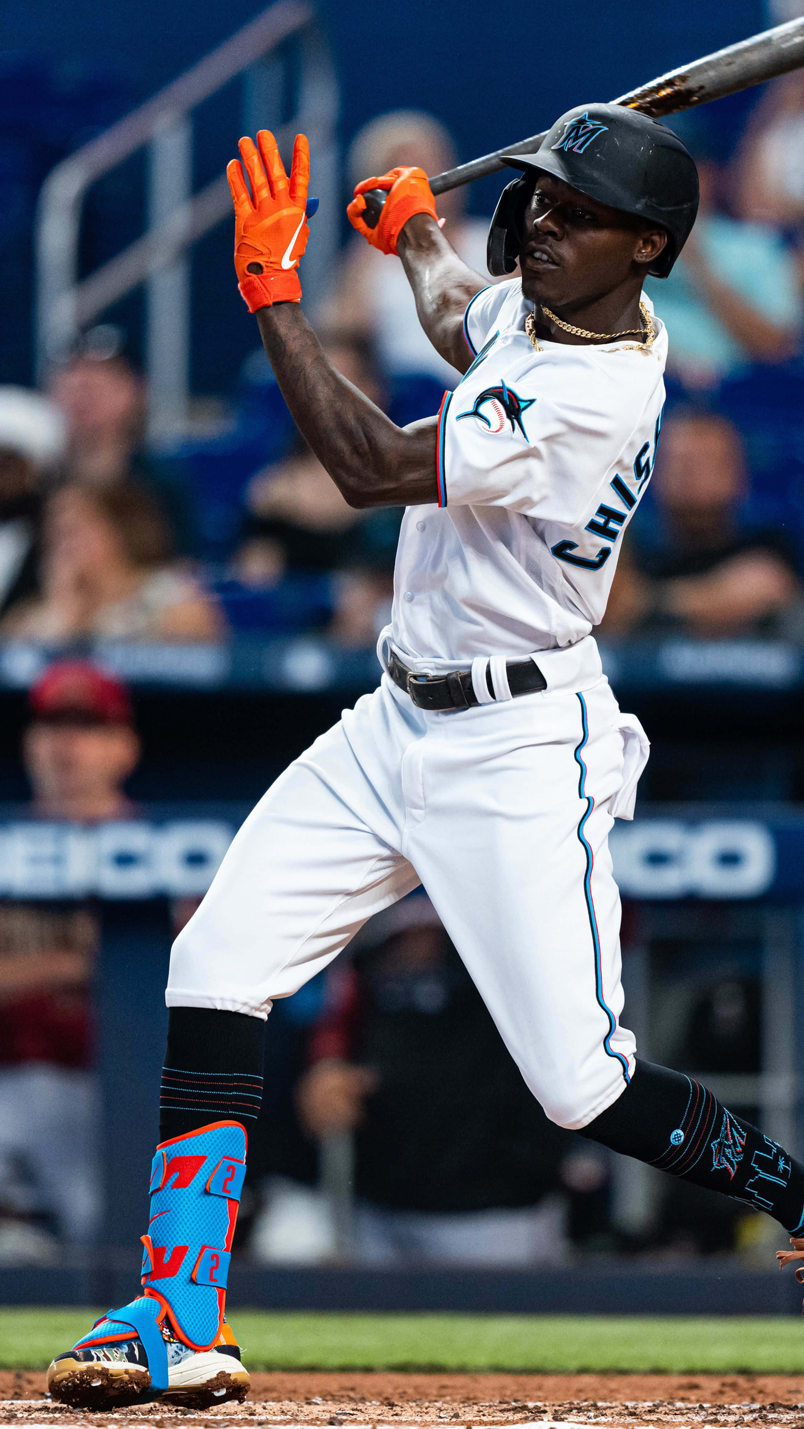 Jazz Chisholm Jr, batting stance, white uniform, 4K Phone Wallpaper