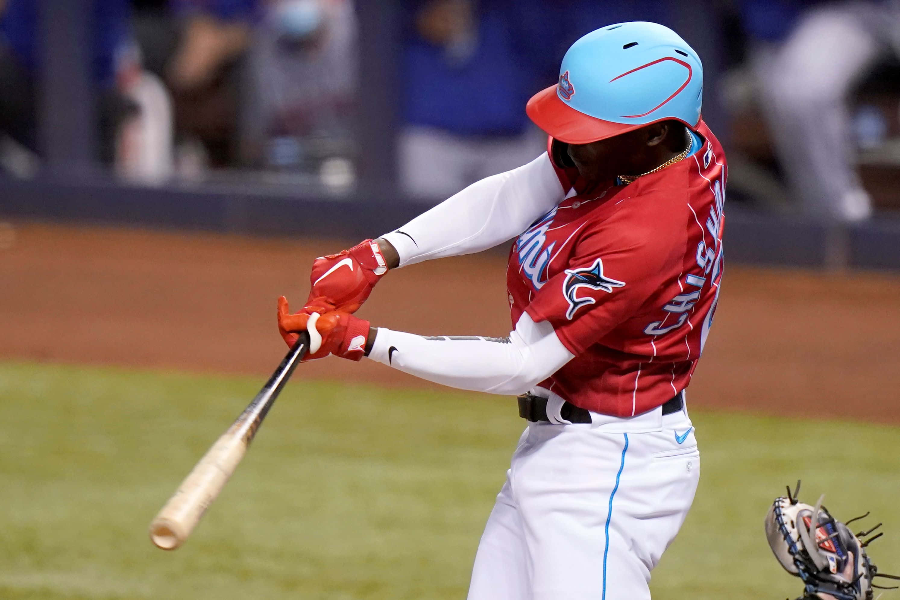 Jazz Chisholm Jr, red and white uniform, bat, 2K Desktop Wallpaper