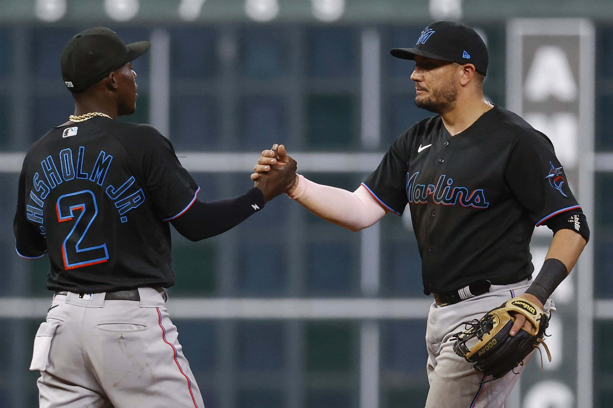 Jazz Chisholm Jr, fist bumpon field, black uniforms, Full HD Desktop Wallpaper