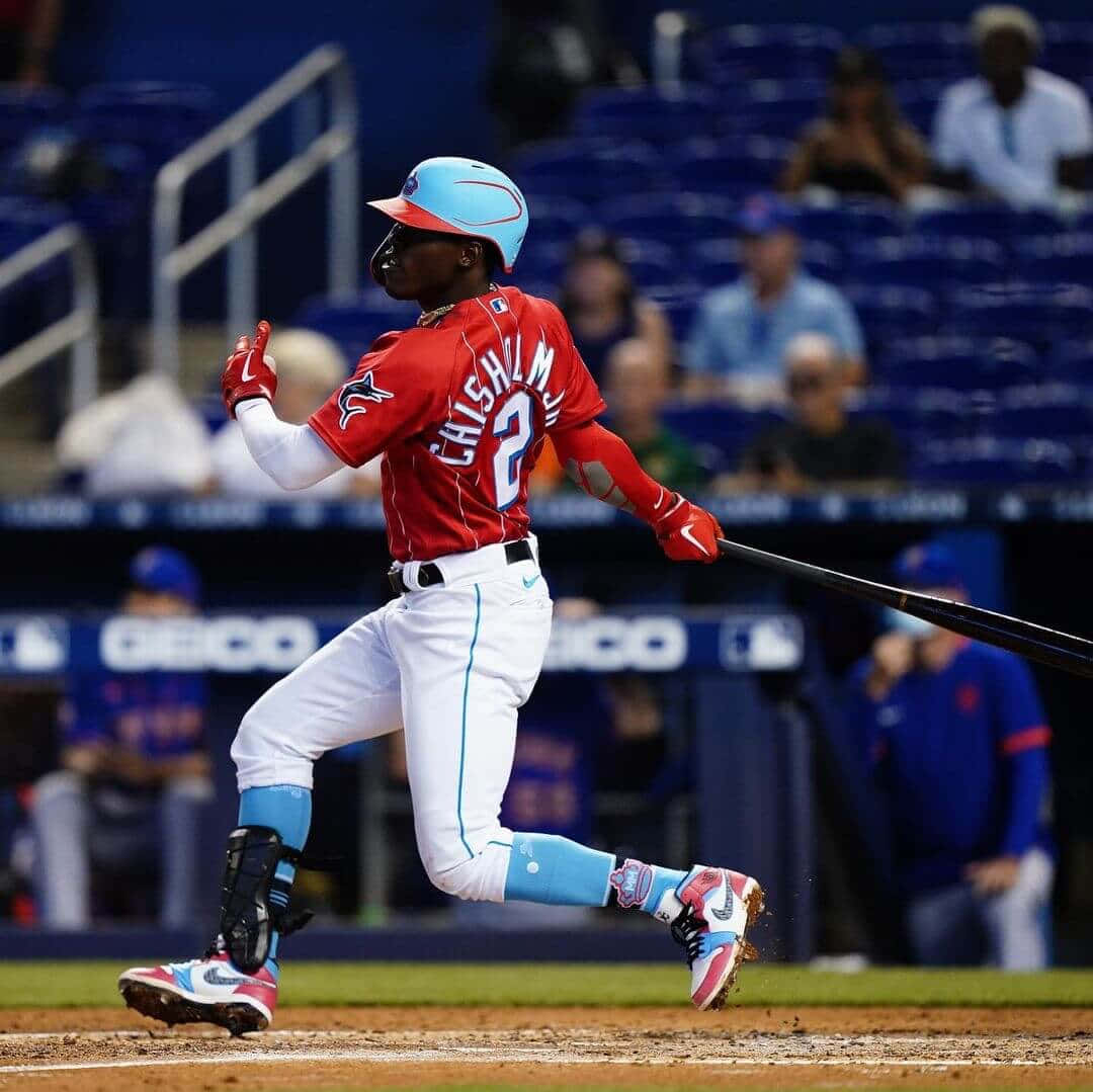 Jazz Chisholm Jr, red jersey, home run, SD Desktop Wallpaper