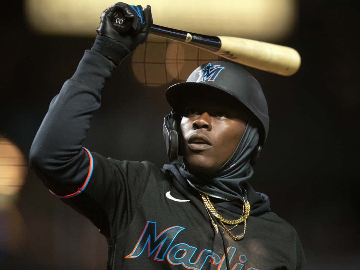 Jazz Chisholm, black Marlins uniform, bat, SD Desktop Wallpaper
