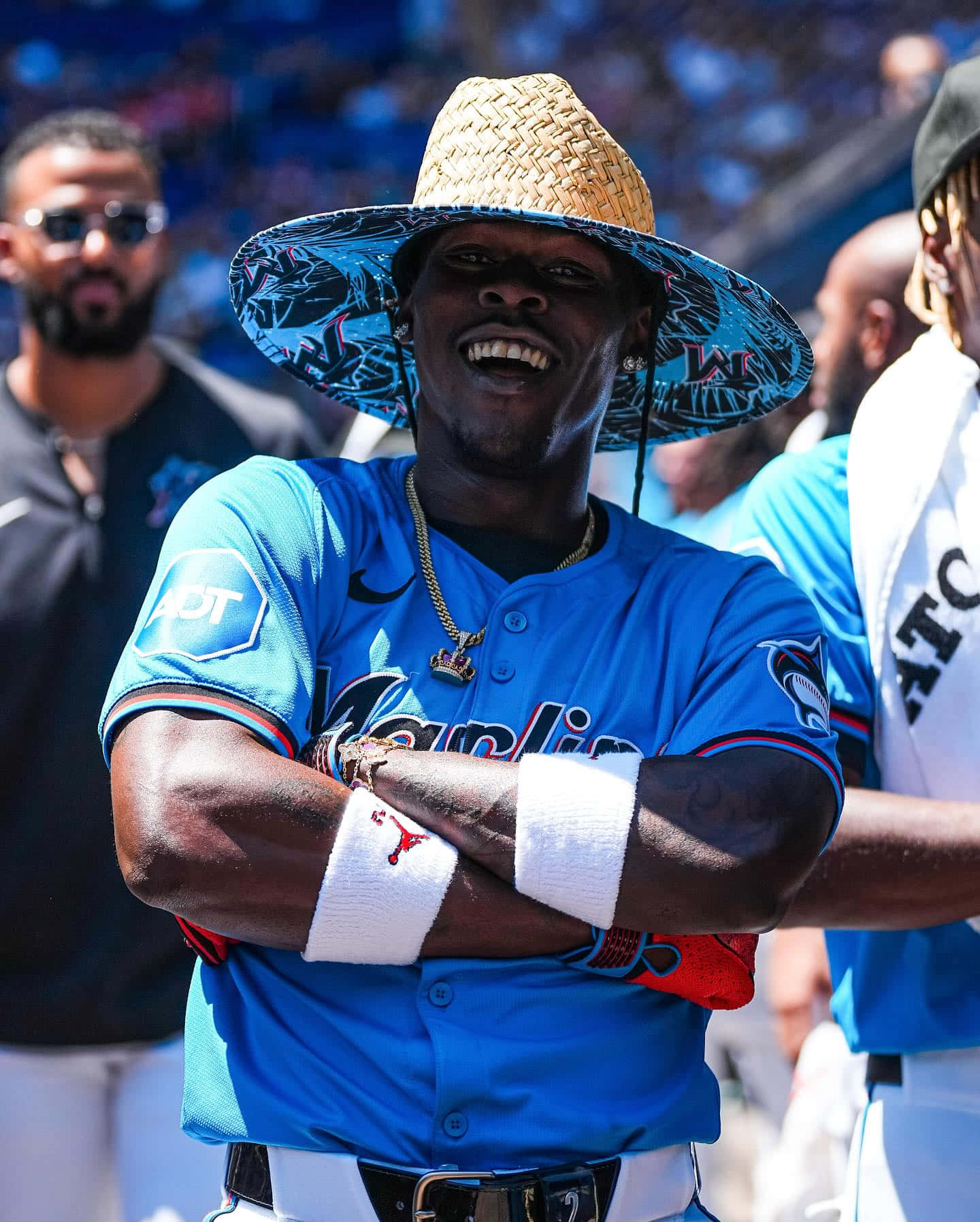 Jazz Chisholm, blue Marlins jersey, wide-brimmed straw hat, HD Phone Wallpaper