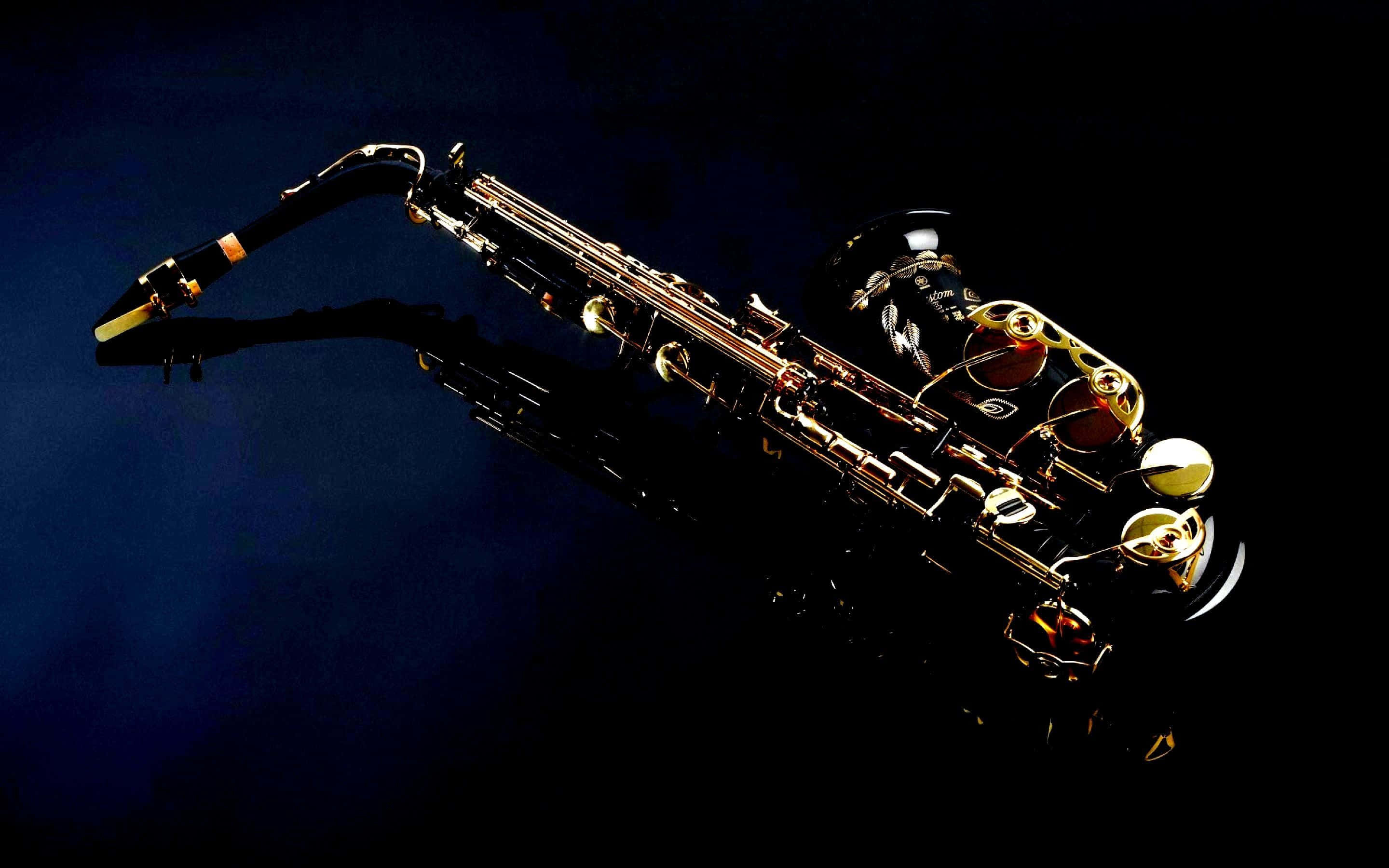 golden saxophone, golden brass keys, deep blue reflective surface, 2K Desktop Wallpaper