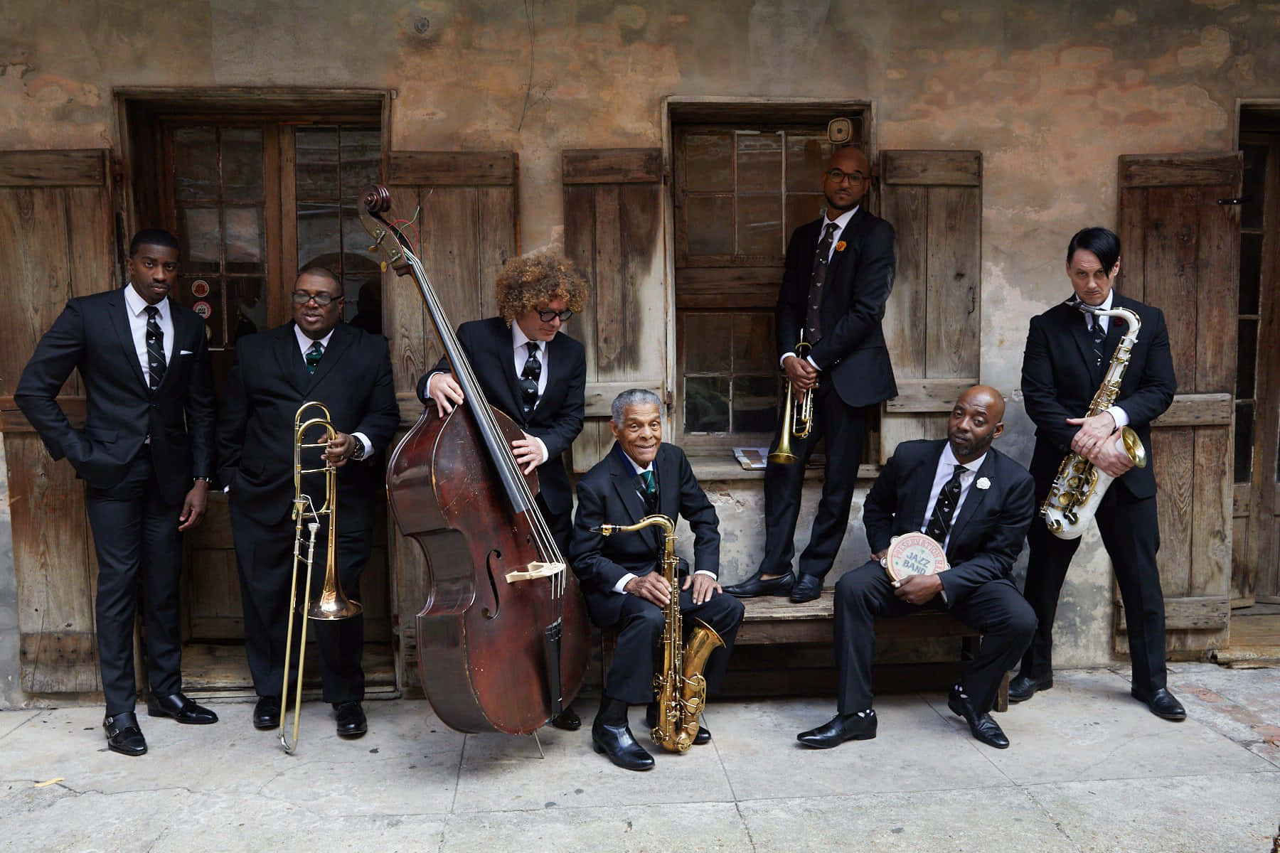 dynamic jazz ensemble, black suits, brass and woodwind instruments, HD Desktop Wallpaper
