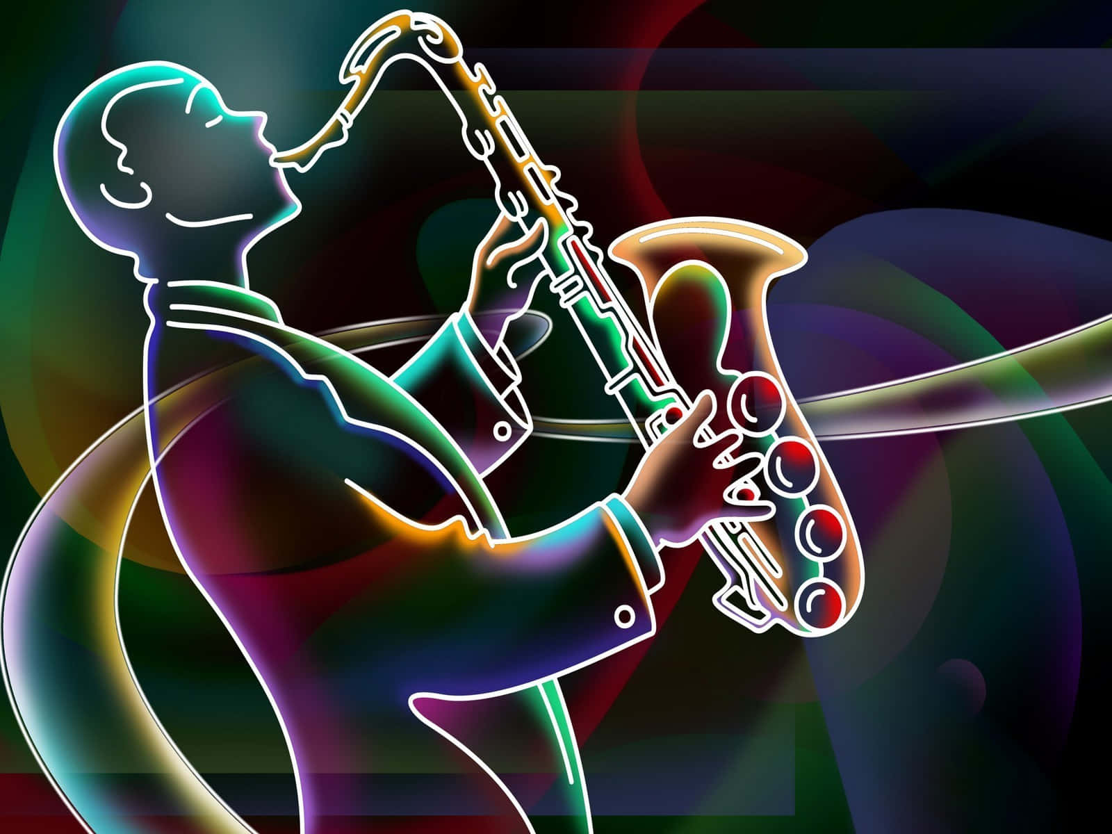 saxophone, neon-lit silhouette, swirling abstract background, HD Desktop Wallpaper